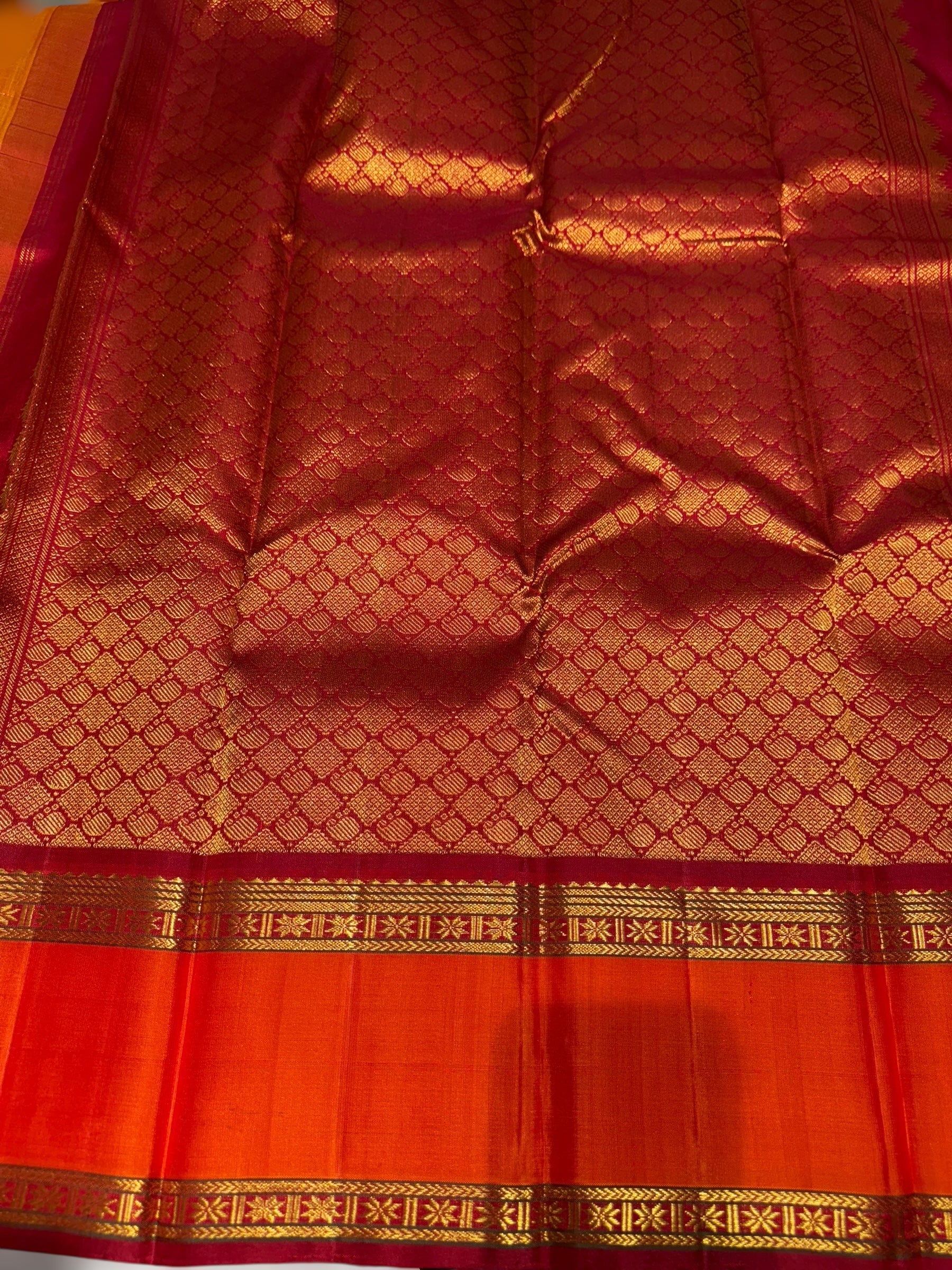 Orangish Mustard Dual Tone Kanchi vintage checks saree with Gap Border