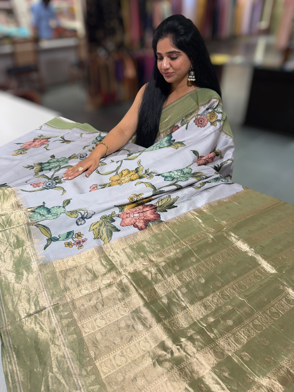 Silverish-Grey Kanjeevaram Designer print saree