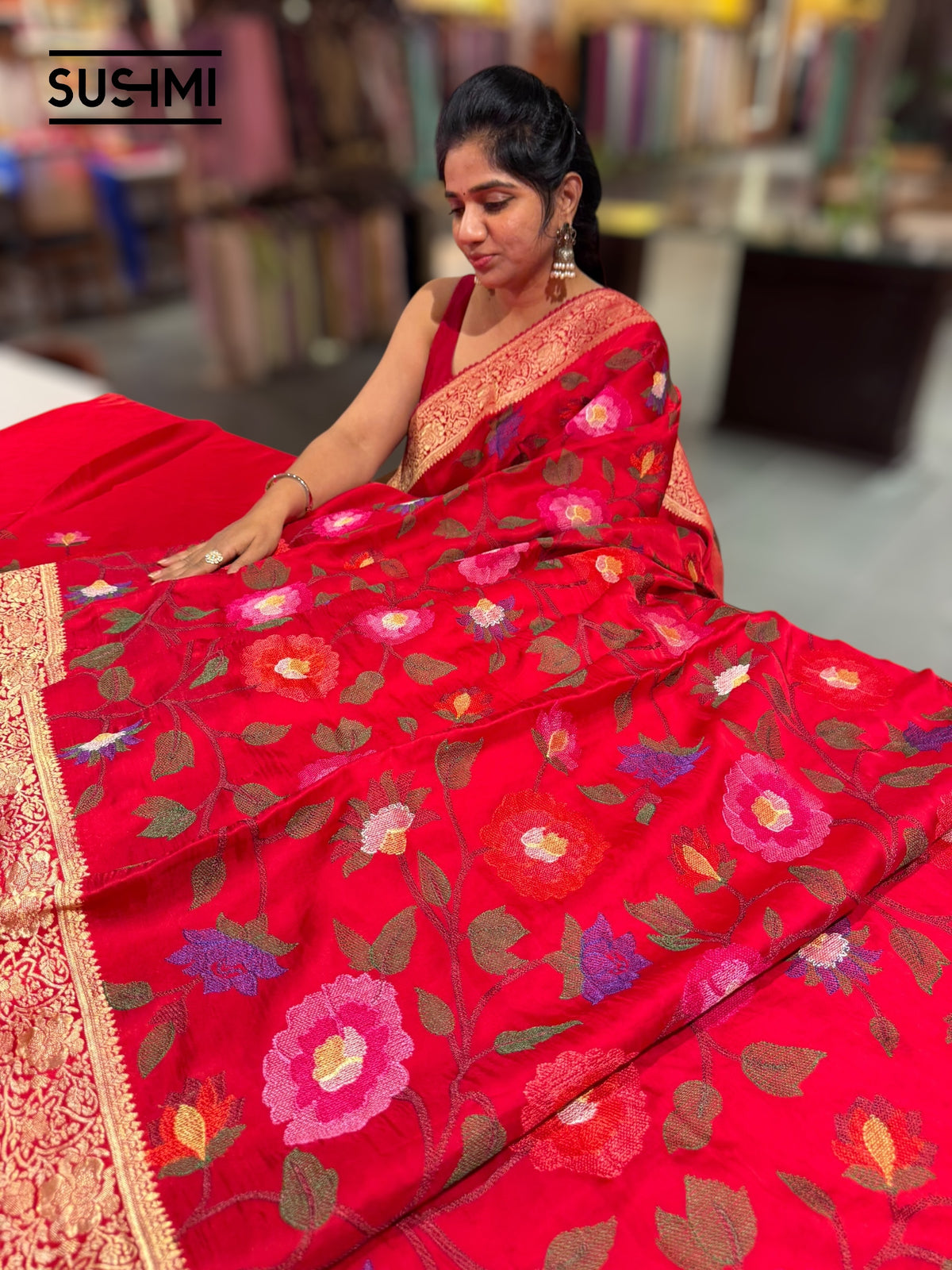 Chilli Red Banaras Mashru Silk with embroidery