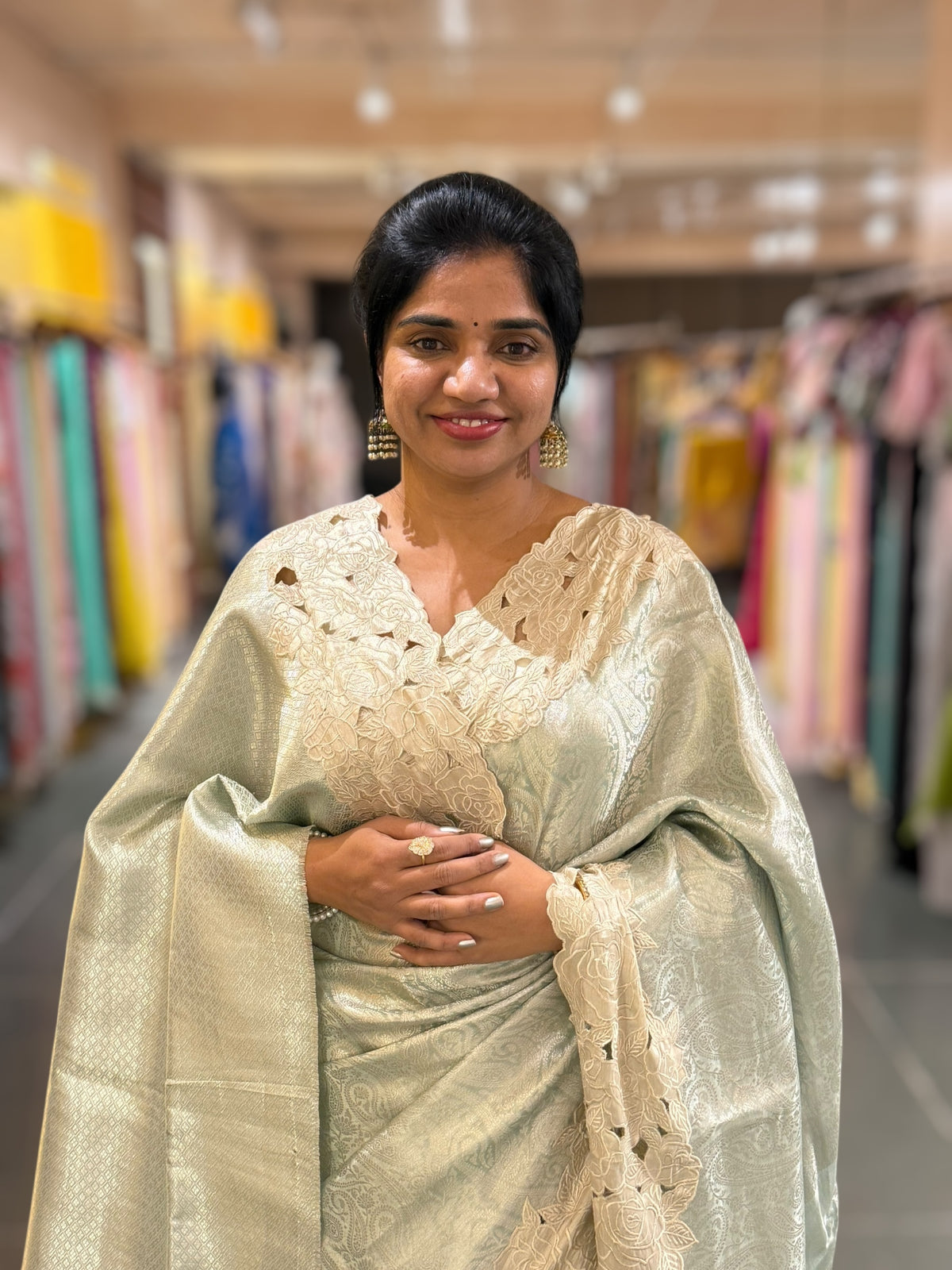 Mint Tissue Brocade weaving Saree with Tissue Cutwork Rose Border