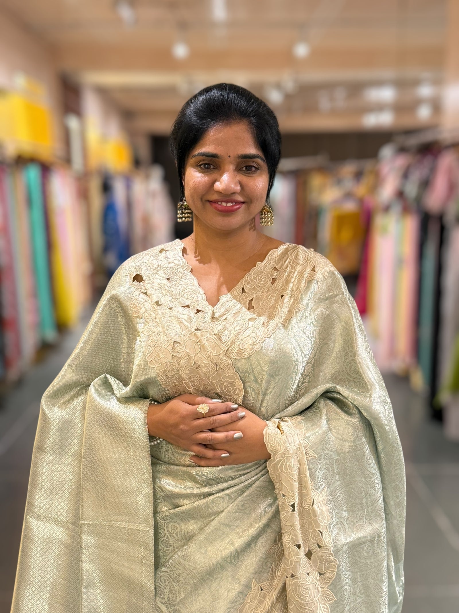 Mint Tissue Brocade weaving Saree with Tissue Cutwork Rose Border