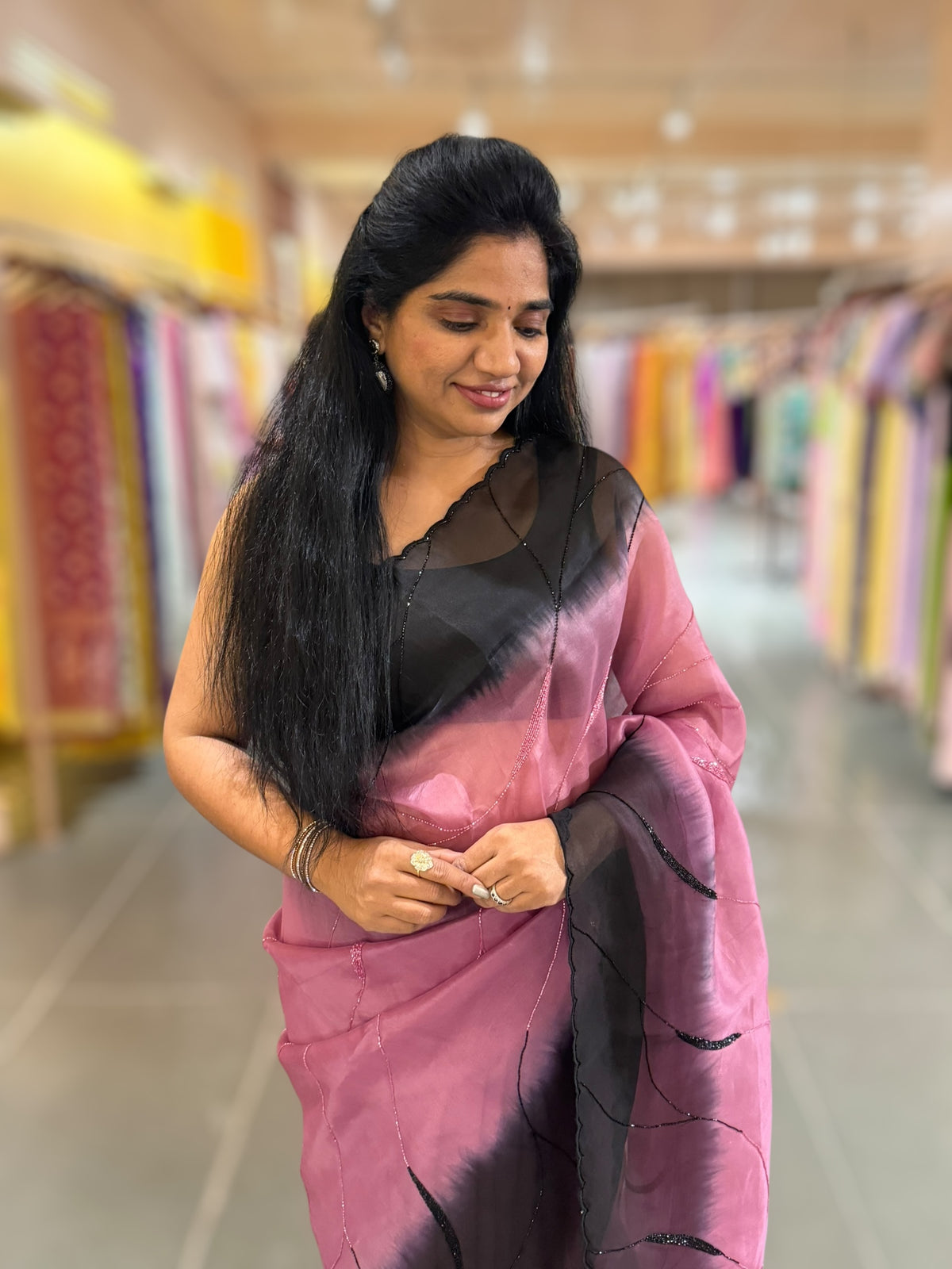 Rose Pink & Black Ombre Dyed Pure Organza handwork saree