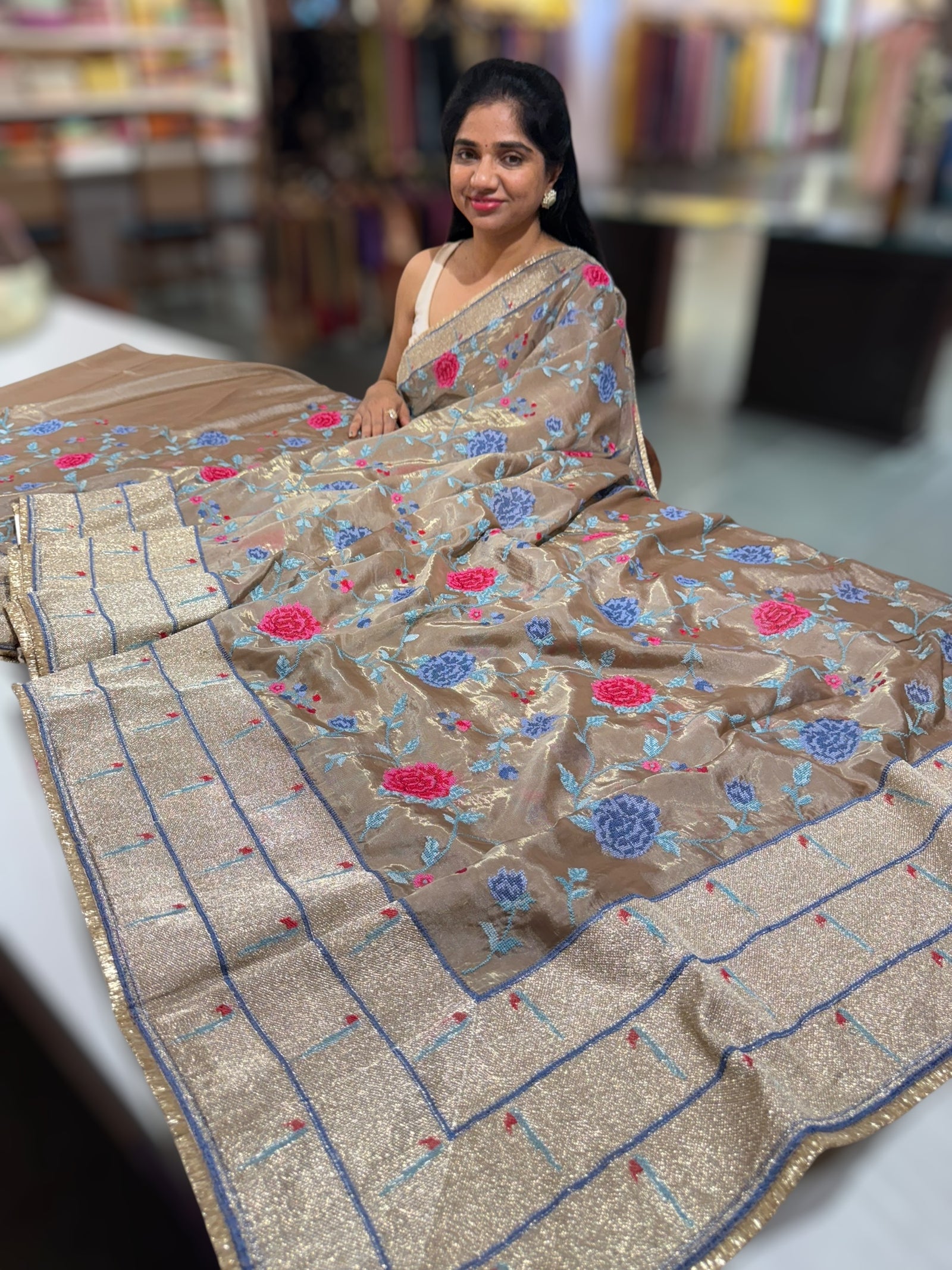 Earthy tone Tissue Saree with embroidery