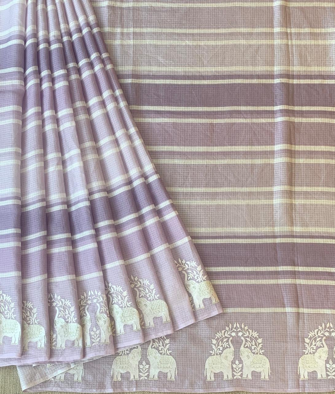 Lilac Designer Silk kota saree with elephant embroidered border