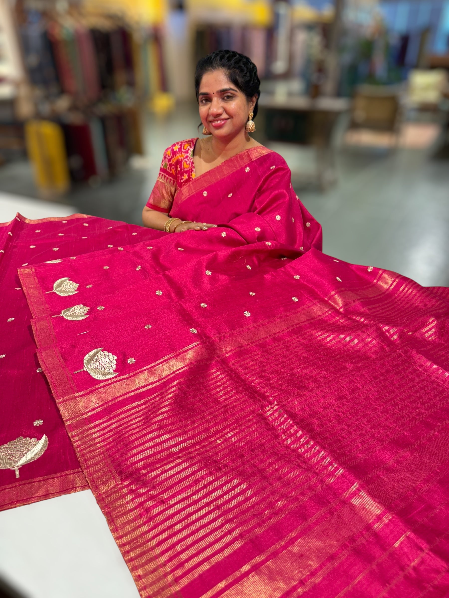 Dark Pink Pure Handloom Raw Silks Saree