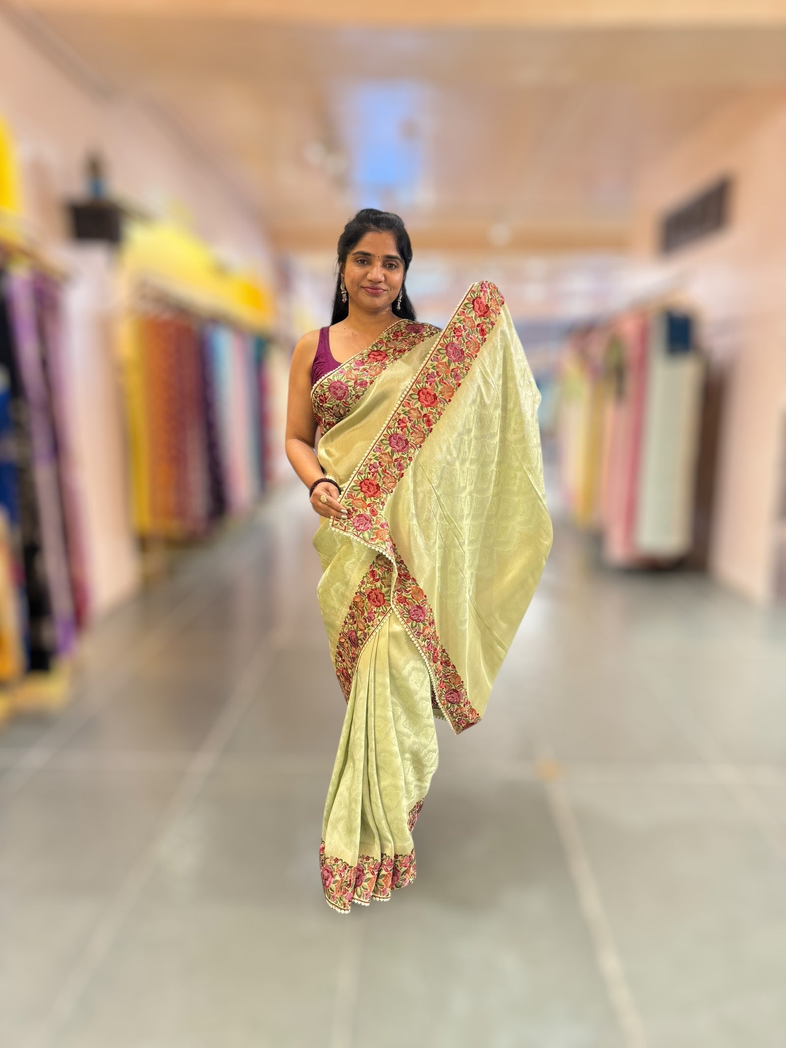 Mint Green Banarasi Brocade tissue saree with tonchui style weaving and parsi gara embroidered border