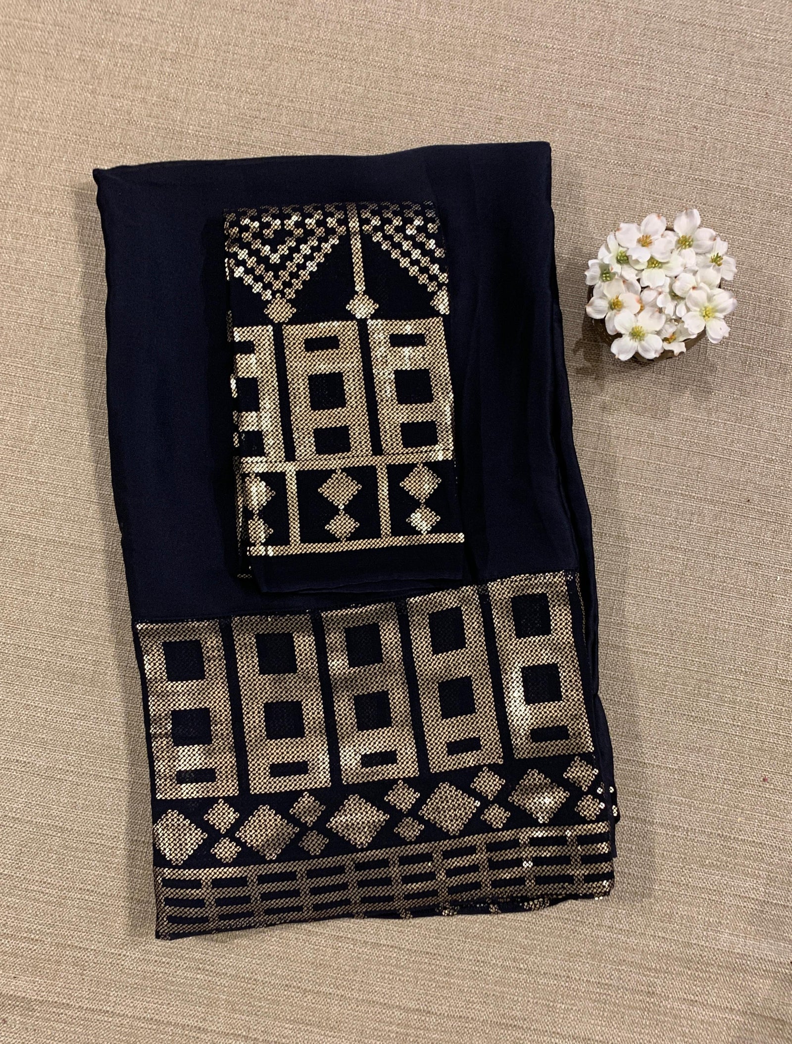 Navy pure Satin Saree with designer sequence border and blouse