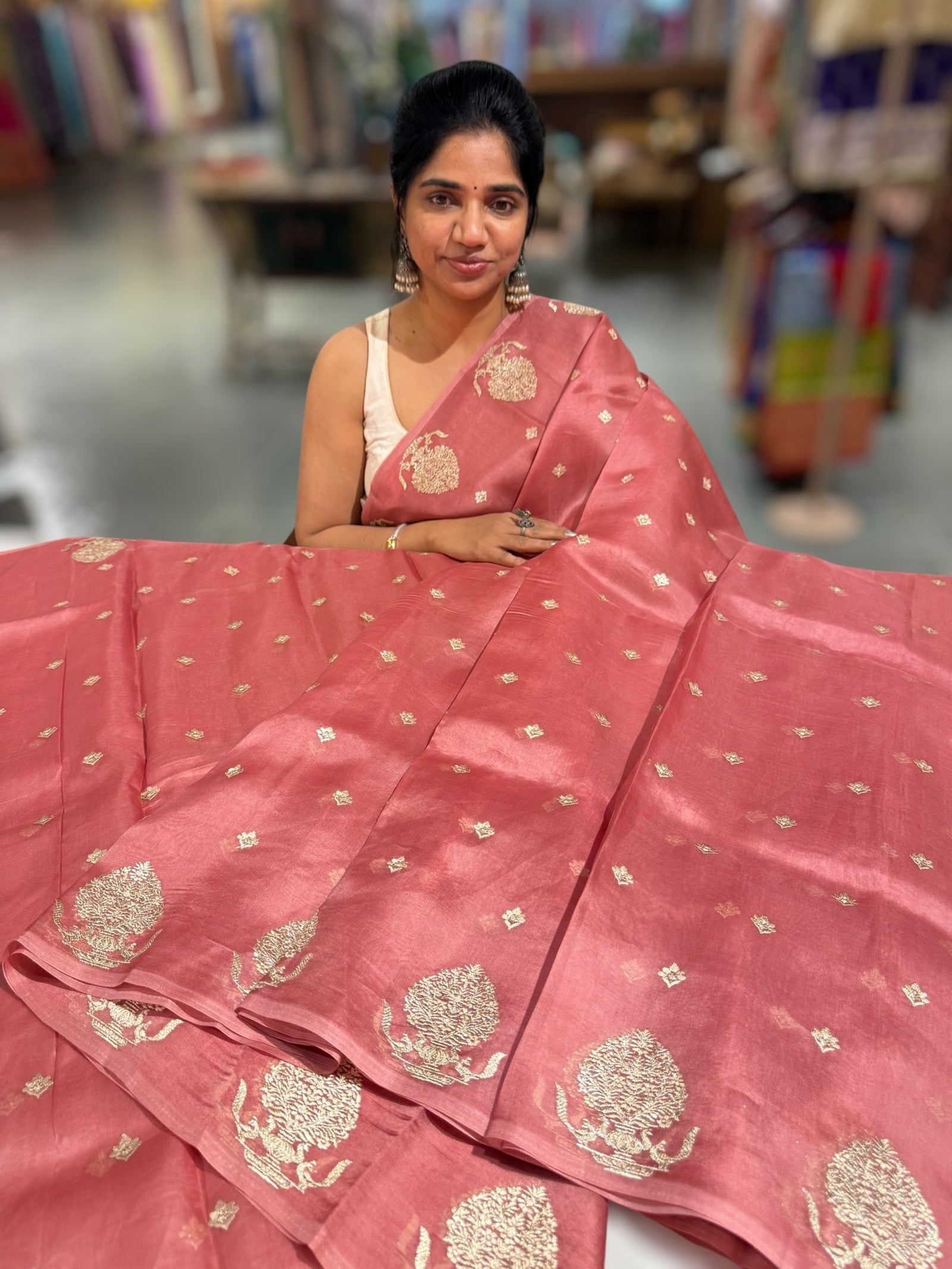 Dark Onion Pink Organza Saree With Embroidery & Tussar Printed Blouse