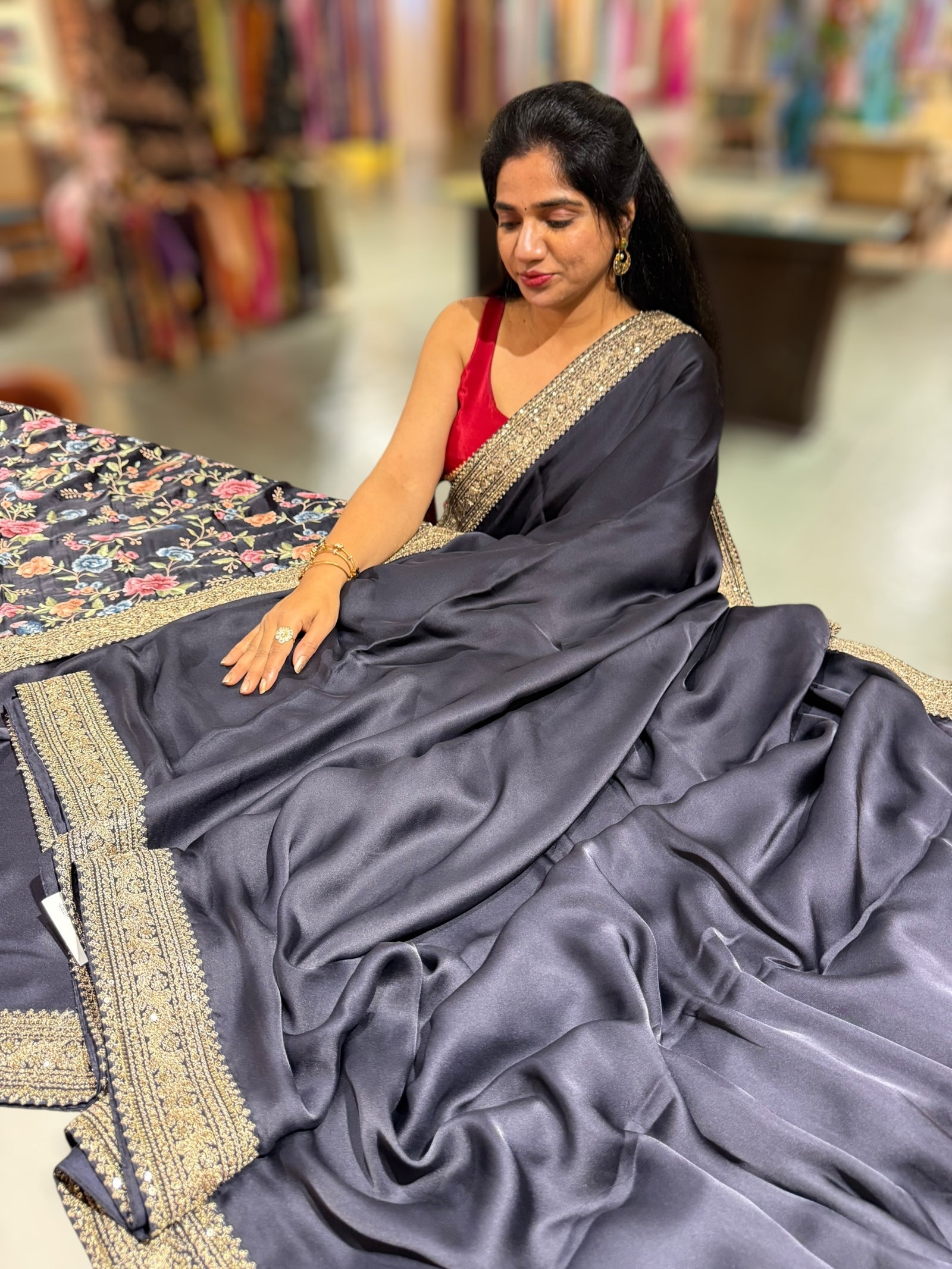 Midnight Blue Pure Satin Saree with Sabhyasachi Borders