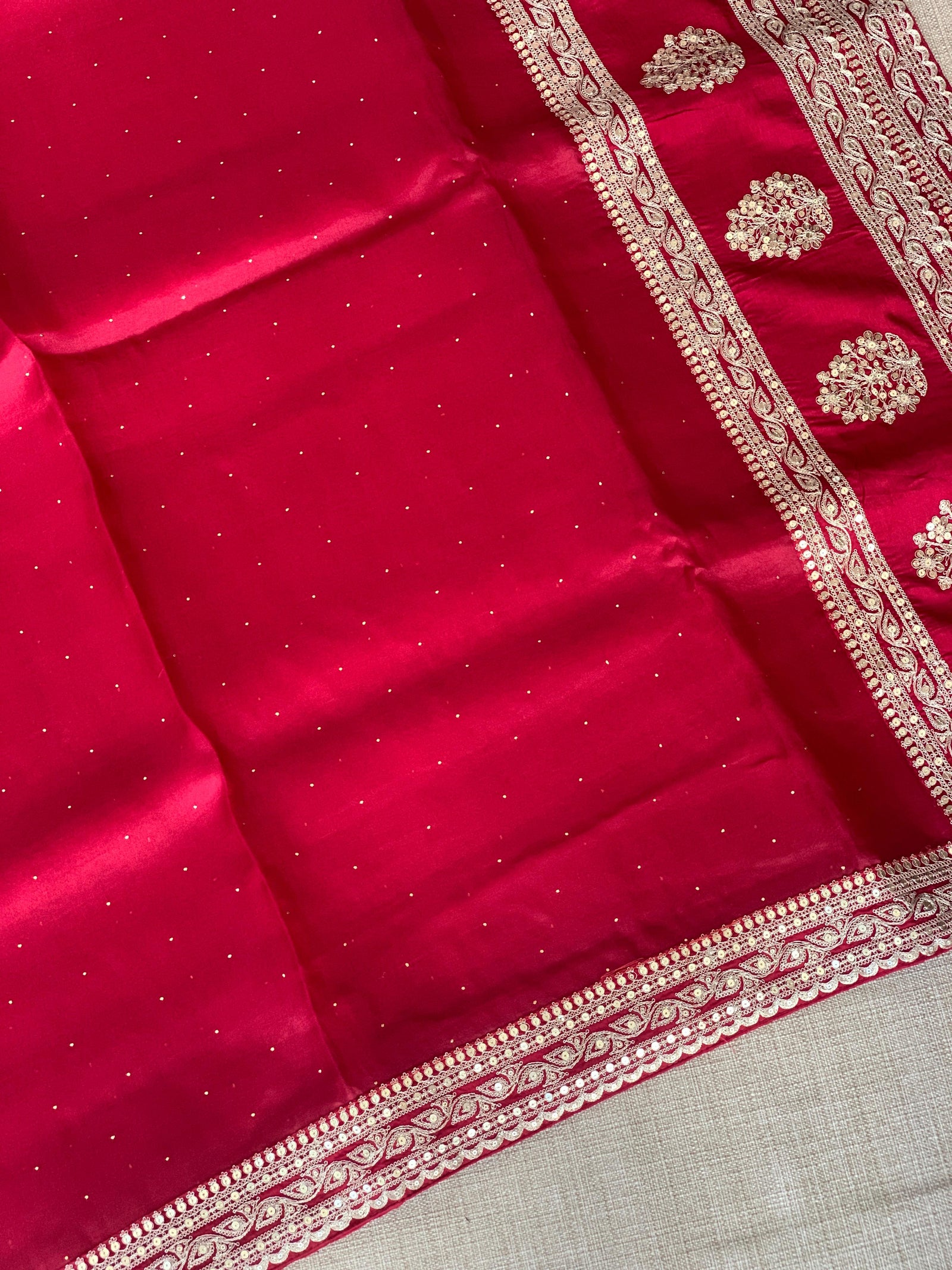 Maroon Red Pure Organza Saree with allover mukaish work & sabyasachi borders