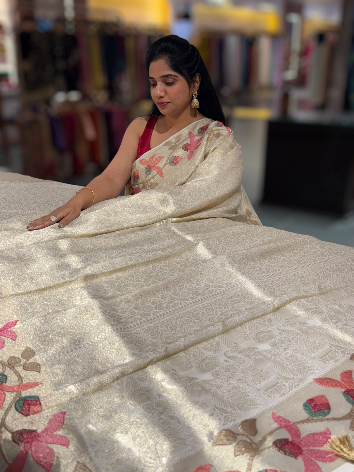 Ivory Banarasi Brocade tissue saree with tonchui style weaving & pythani inspired embroidered border
