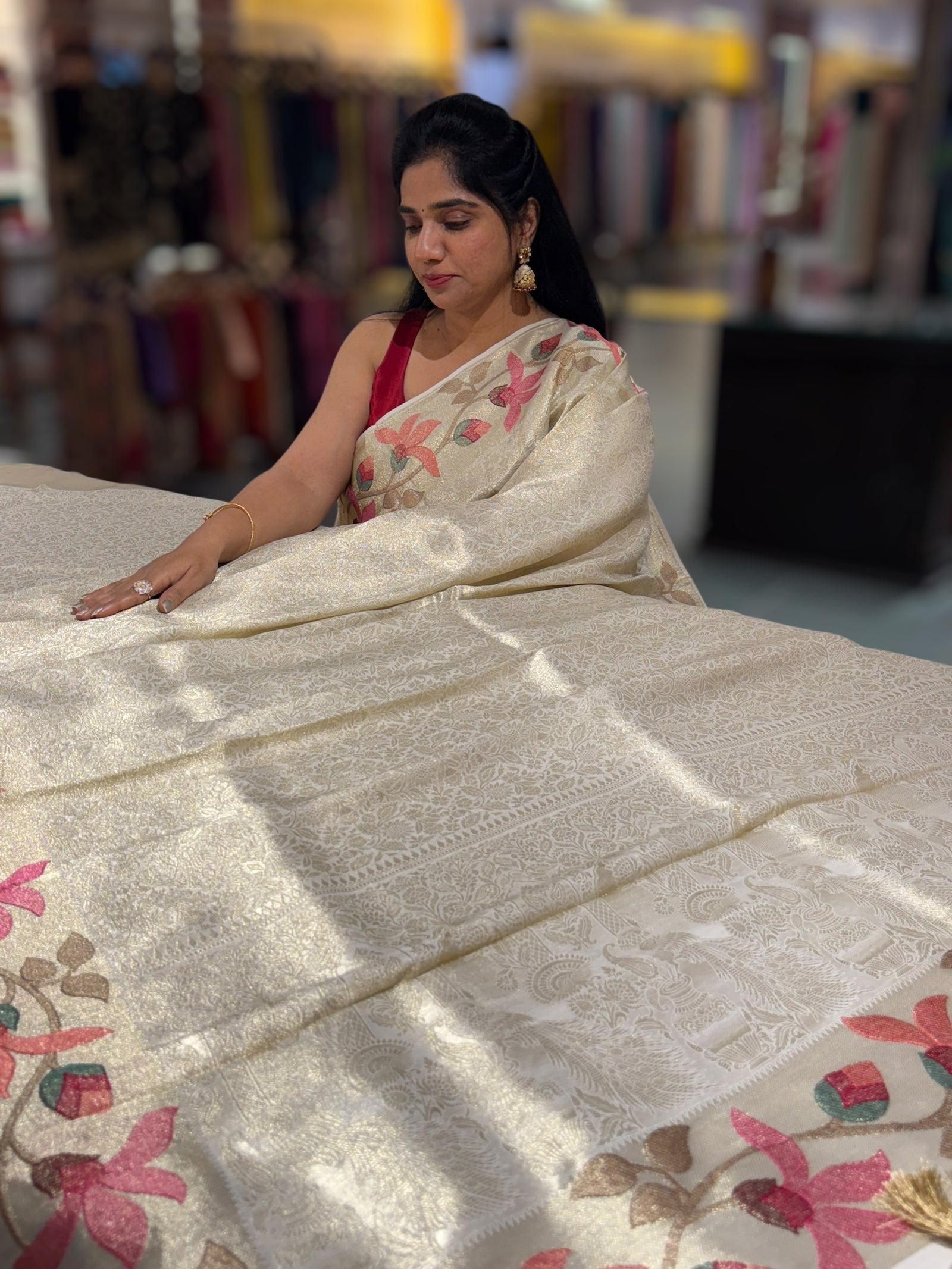 Ivory Banarasi Brocade tissue saree with tonchui style weaving & pythani inspired embroidered border