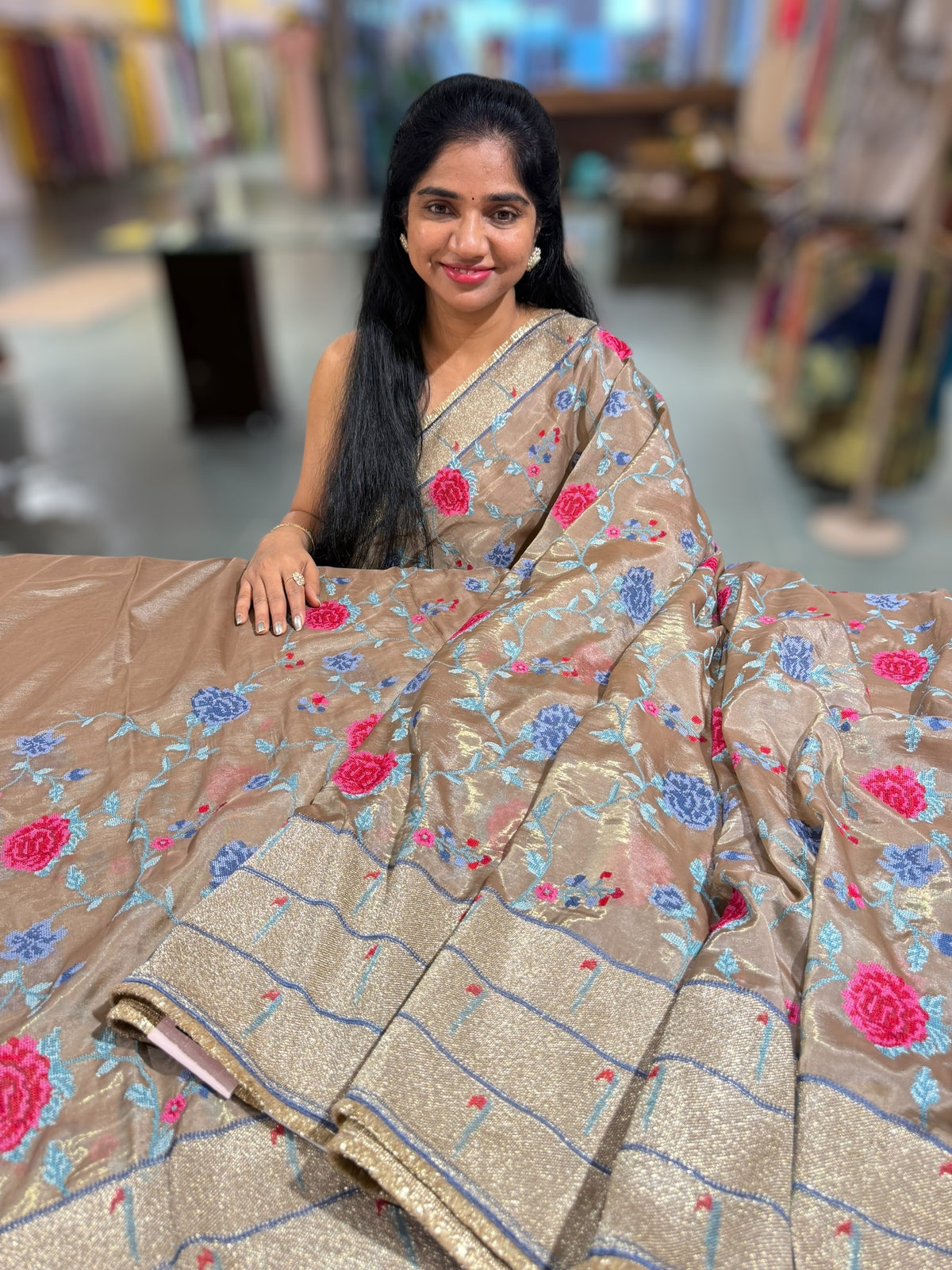 Earthy tone Tissue Saree with embroidery
