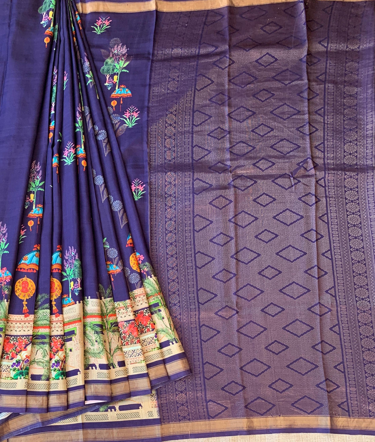 Brinjal Kanchi Soft Silk with beautiful Floral Print