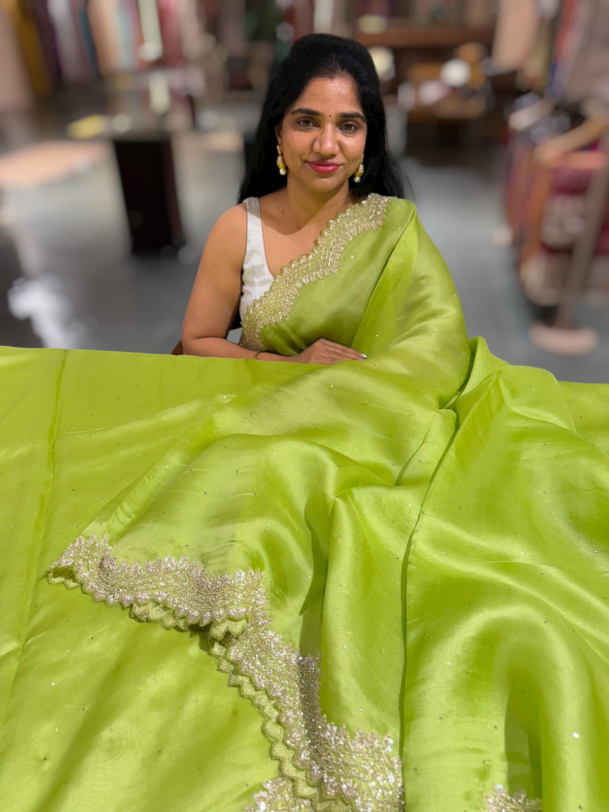 Apple Green Pure Organza Handwork Saree with heavy Designer Blouse