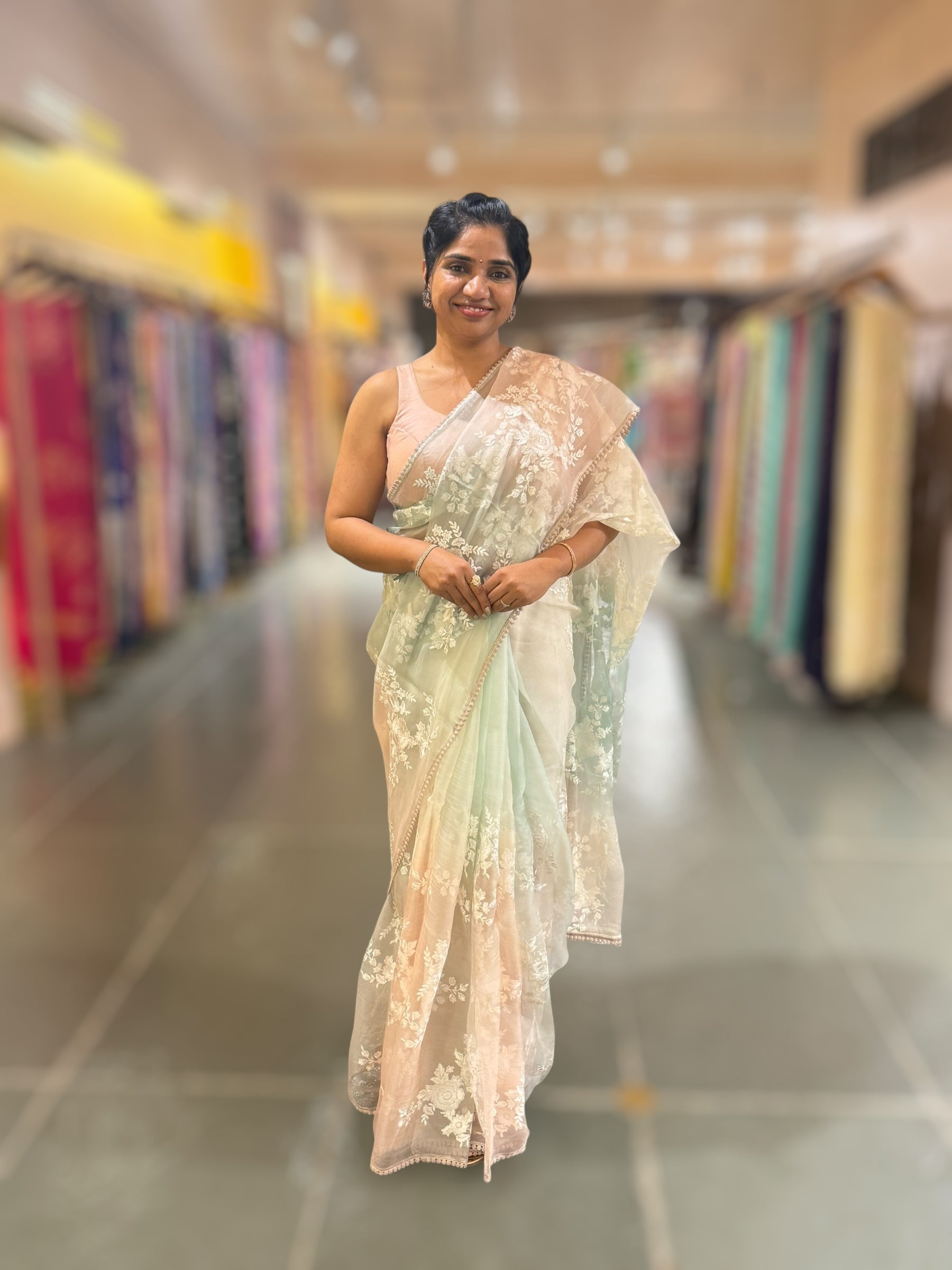 Pure Muslin Ombre Dyed Saree With allover Embroidery