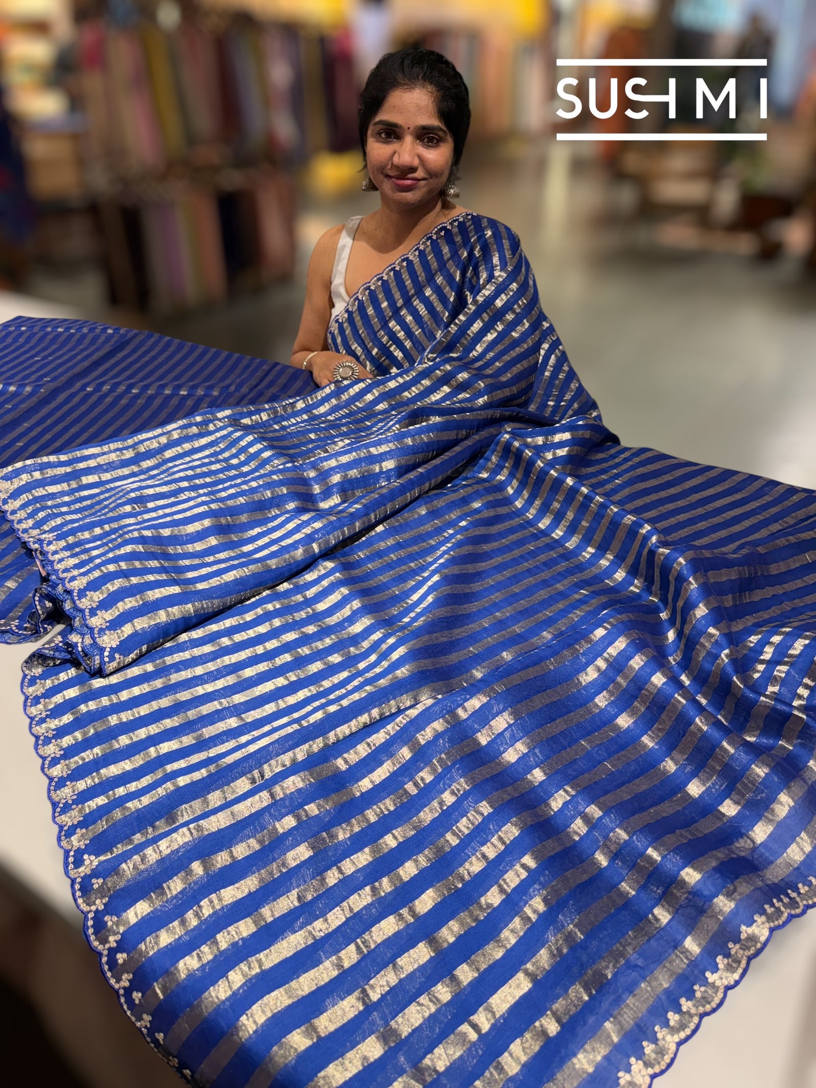 Electric Blue Mul tissue stripes saree with fusion blouse : D62139