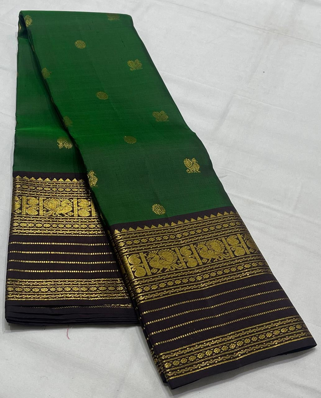Emerald Green & Coffee Brown Combo Vaira Oosi Checks Kanjeevaram Saree