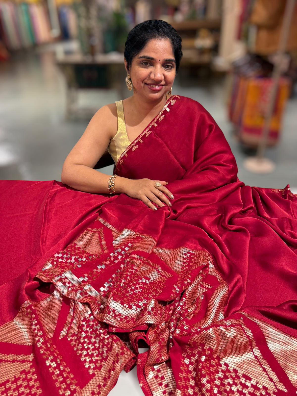 Red pure Satin Saree with designer sequence border and blouse