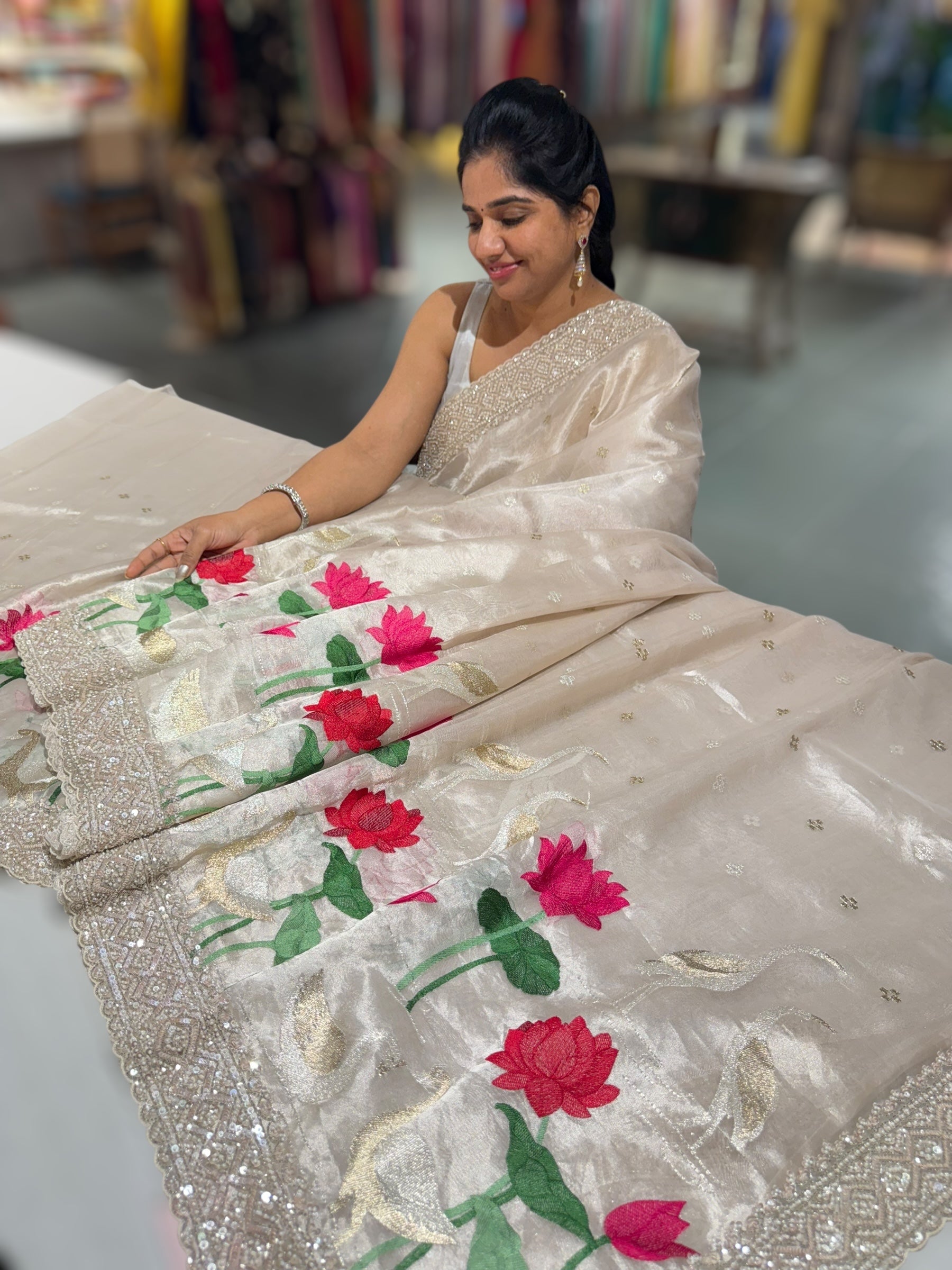 Silver Tissue Designer Saree with heavy handwork and embroidery