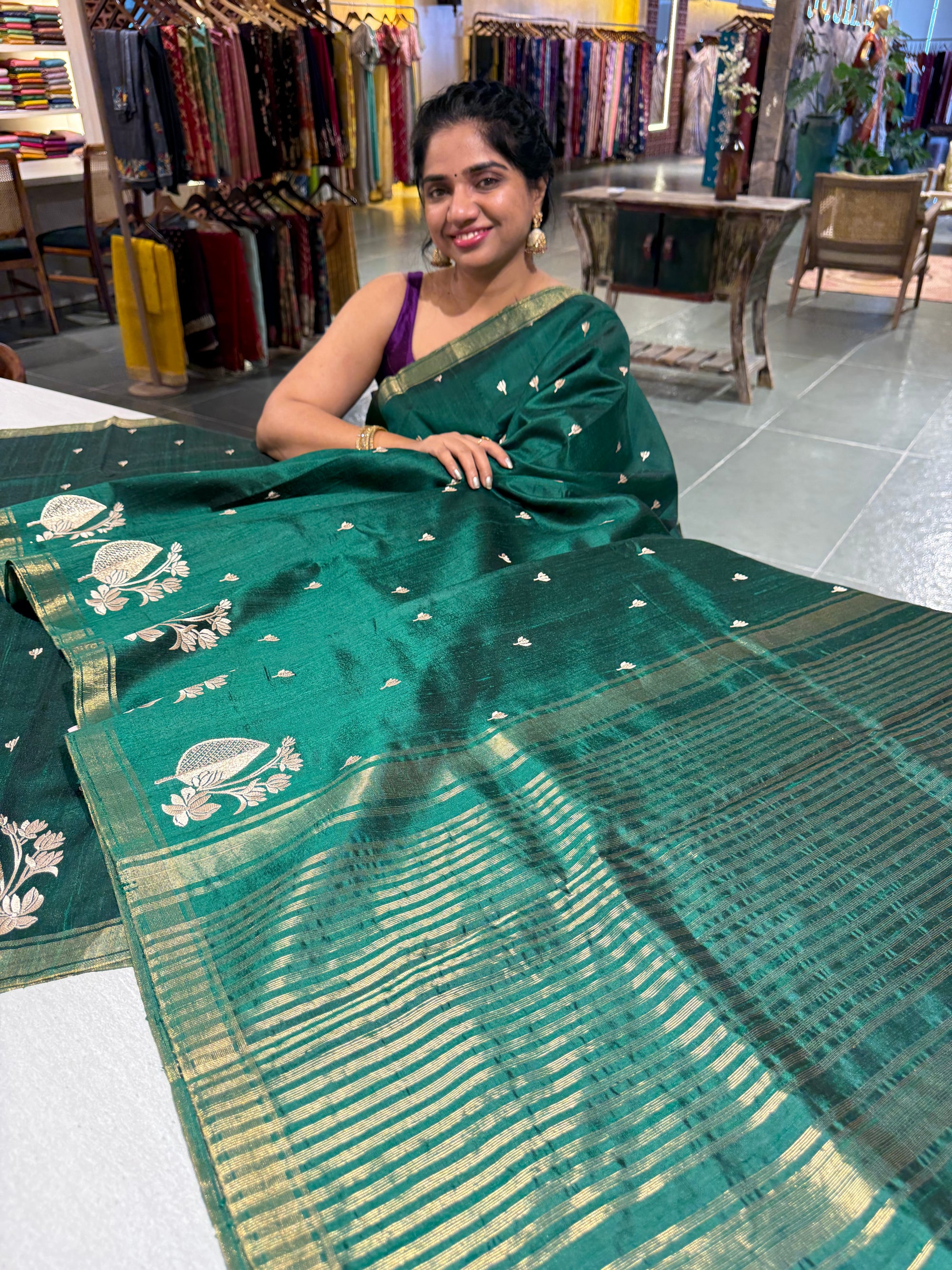 Bottle Green Pure Handloom Raw Silk Saree