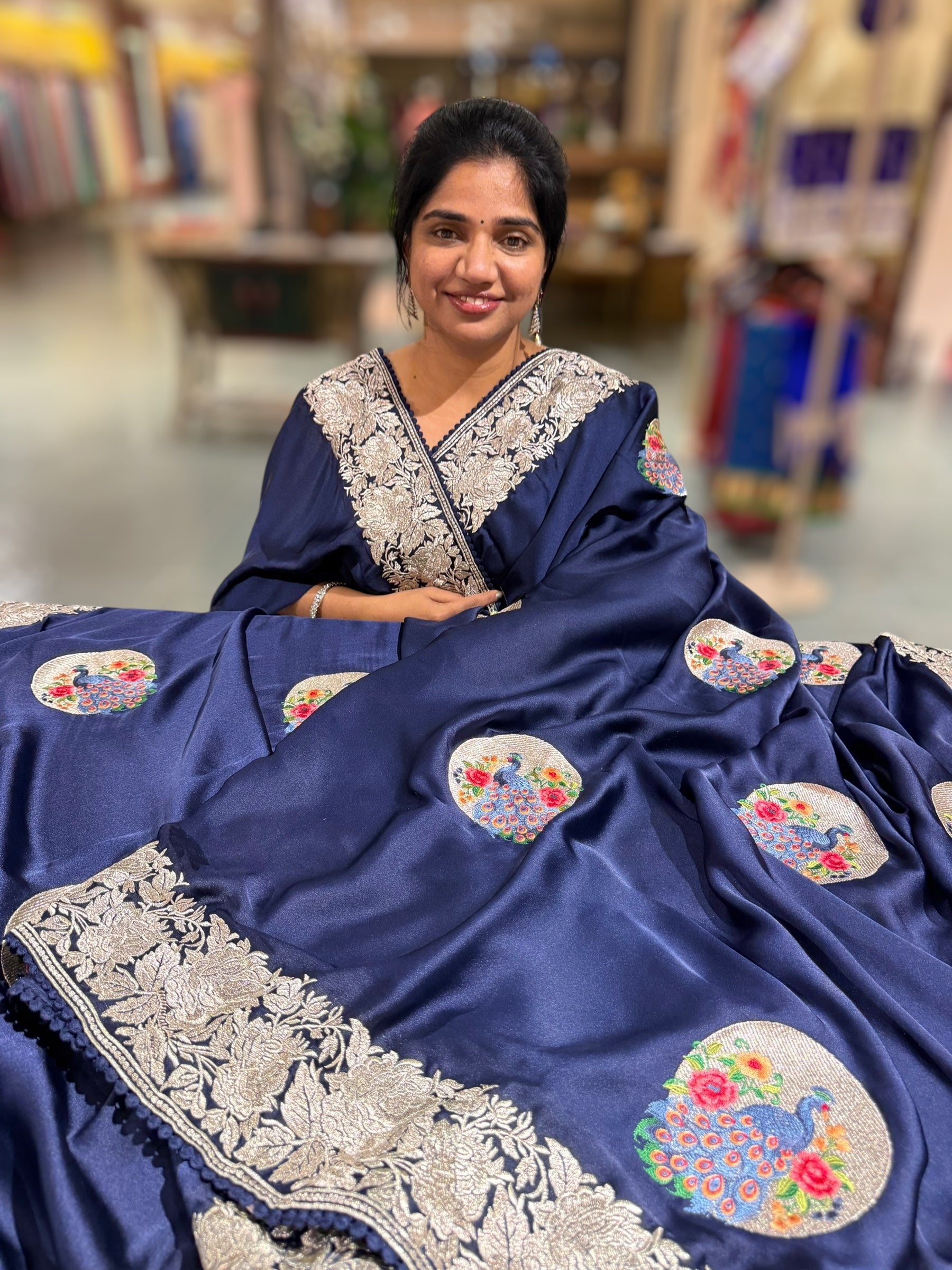Midnight Blue Designer Satin Saree with stunning embroidered border & motifs