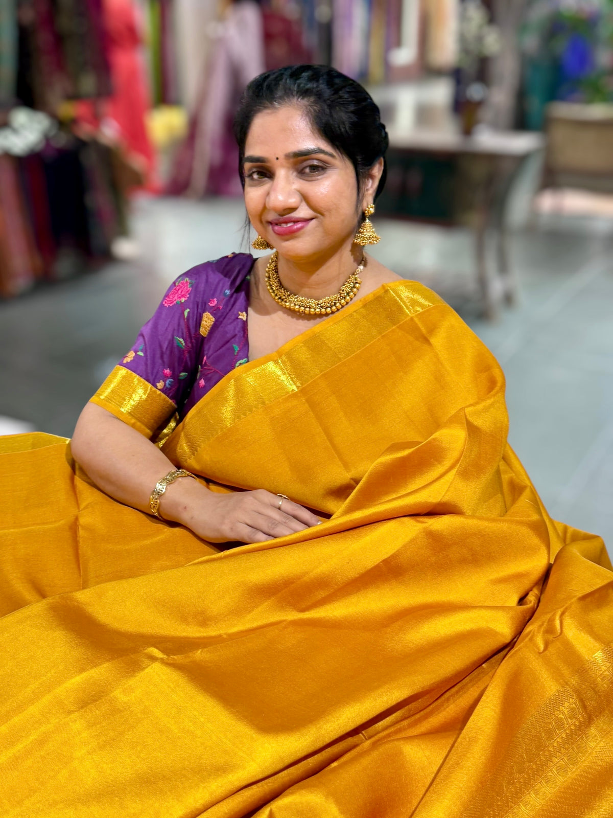 Mustard Kanchi Vintage Saree with Petite Point Embroidered Blouse