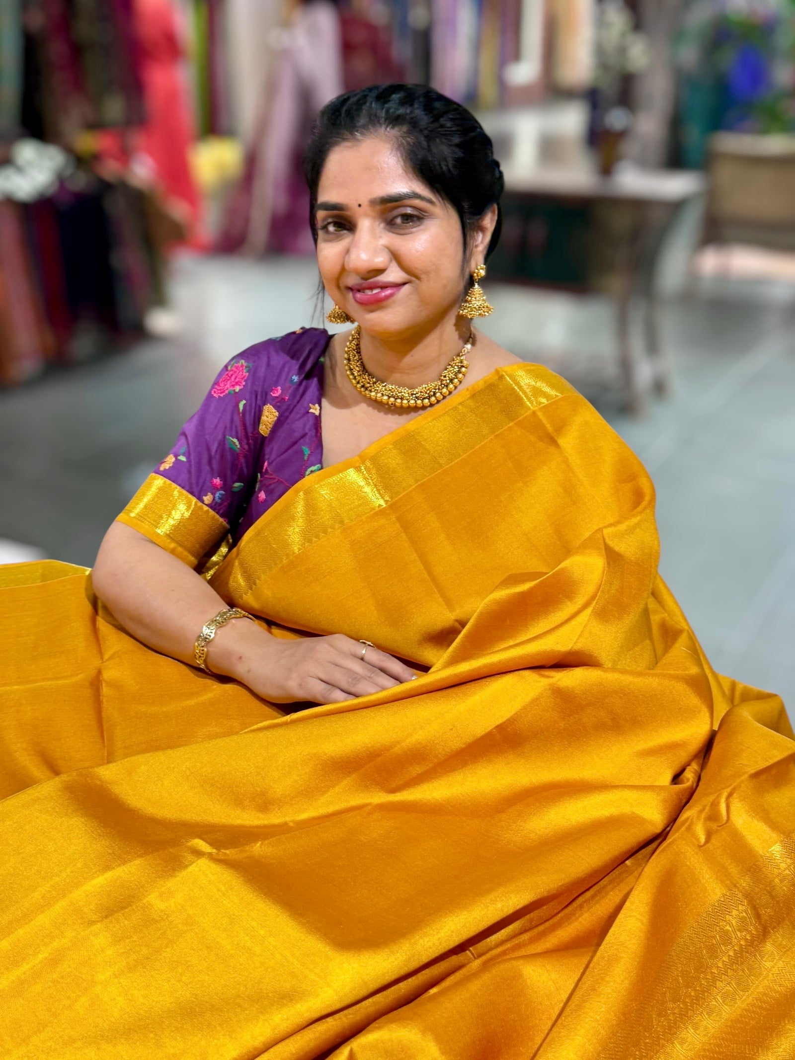 Mustard Kanchi Vintage Saree with Petite Point Embroidered Blouse