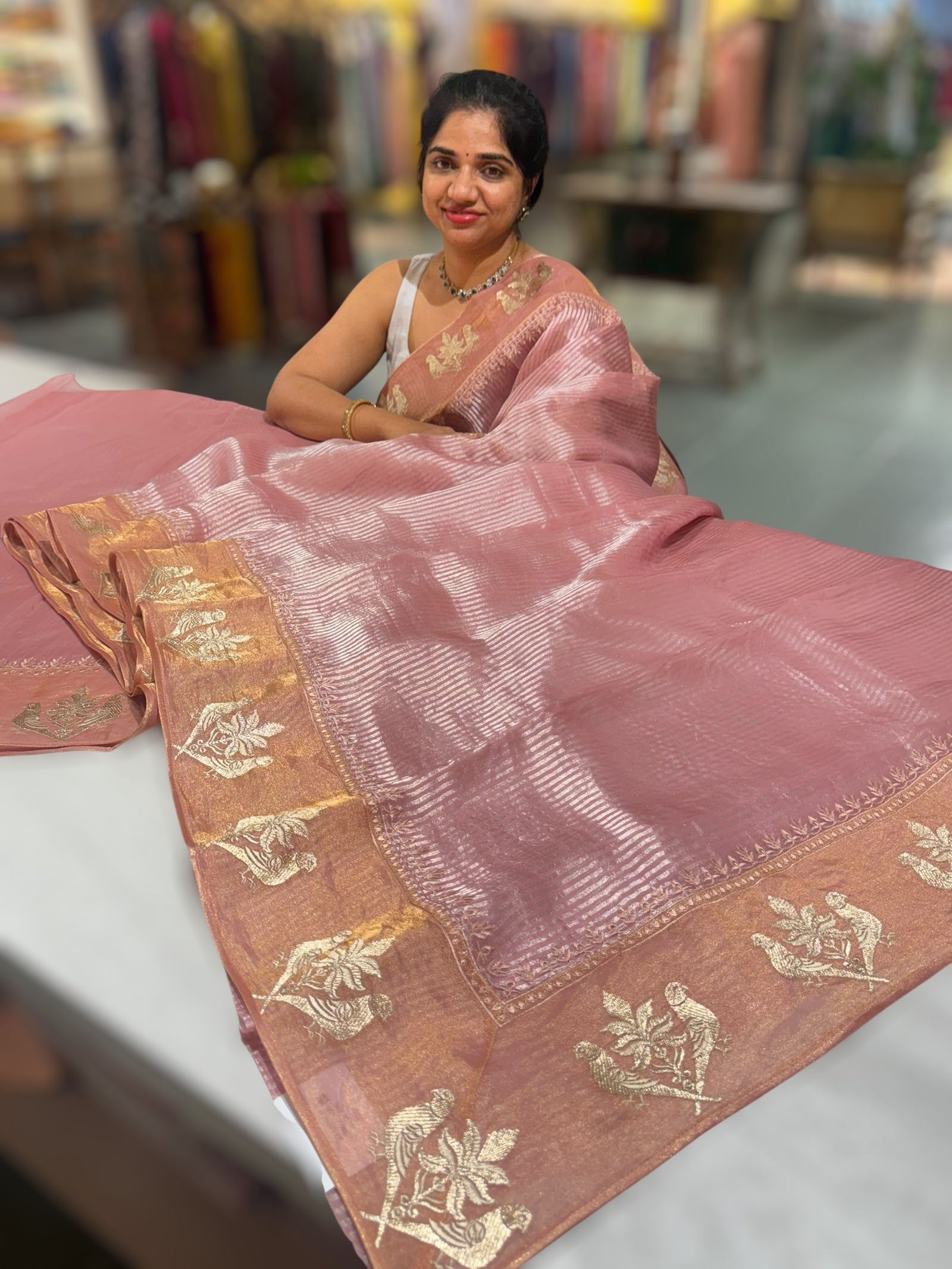 Dusty Pink Kora tissue silver stripes Saree with double parrot  embroidered tissue border