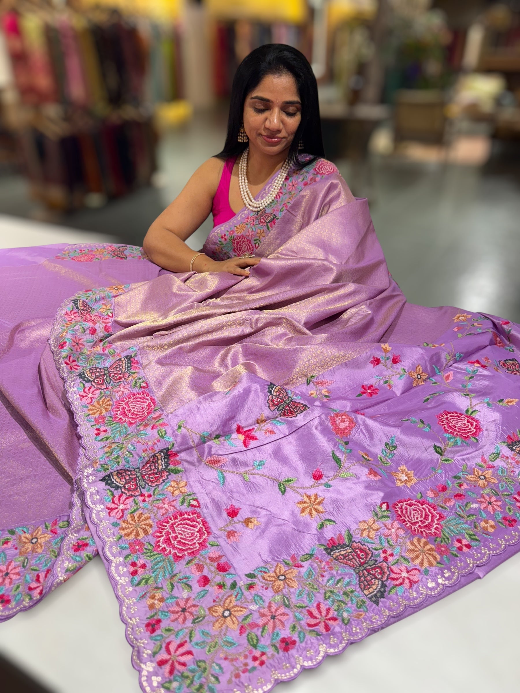 Lilac Kanjeevaram Brocade Saree with Petite Point Embroidered Border