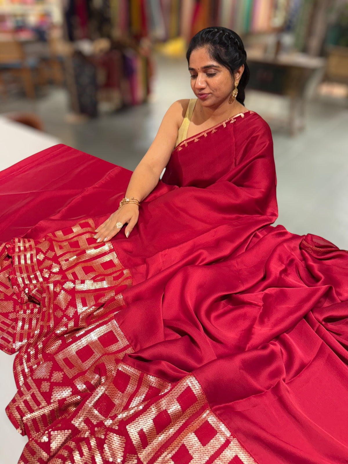 Meroonish Red pure Satin Saree with designer sequence border and blouse