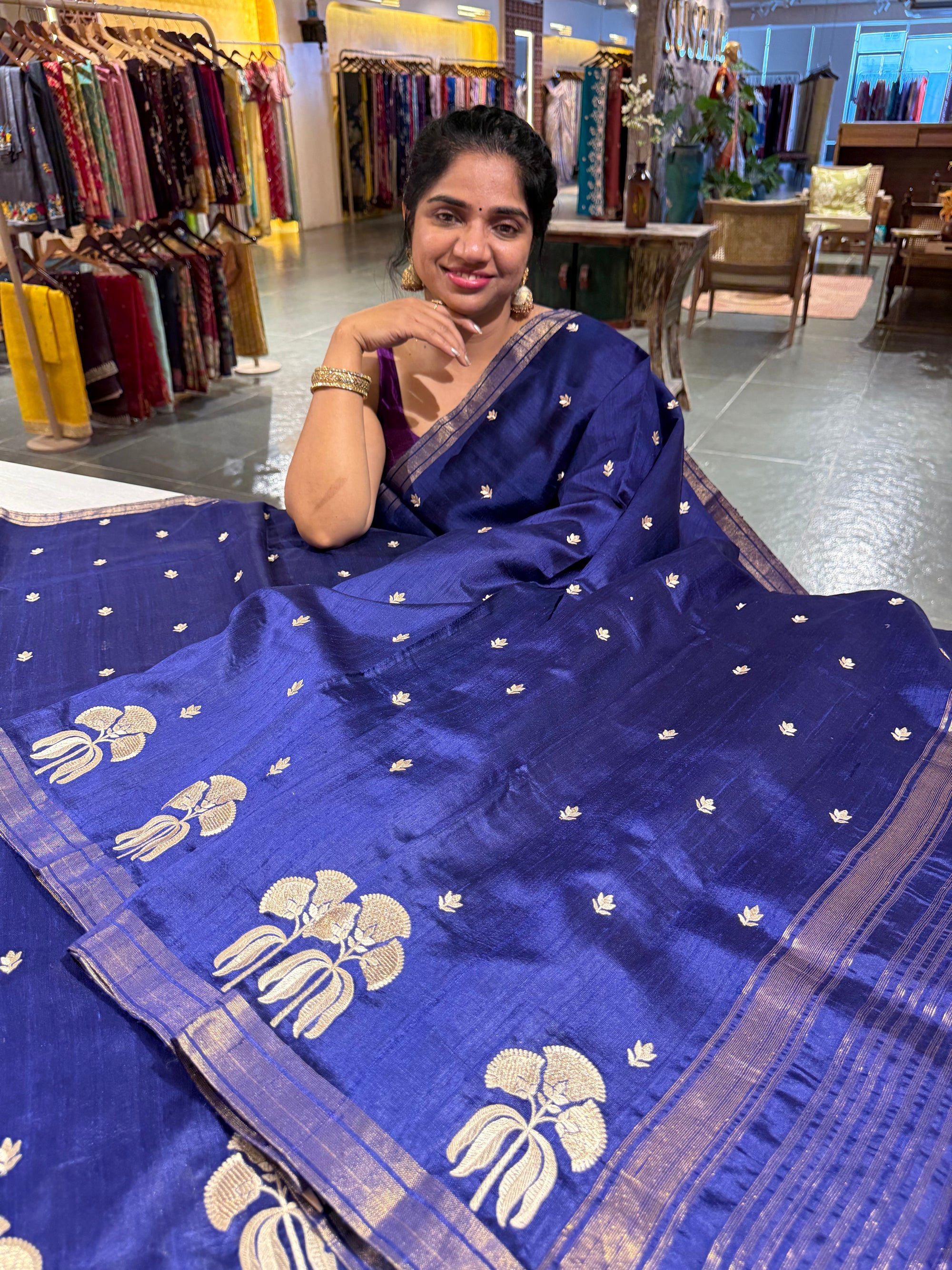 Blue Pure Handloom Raw Silk Saree