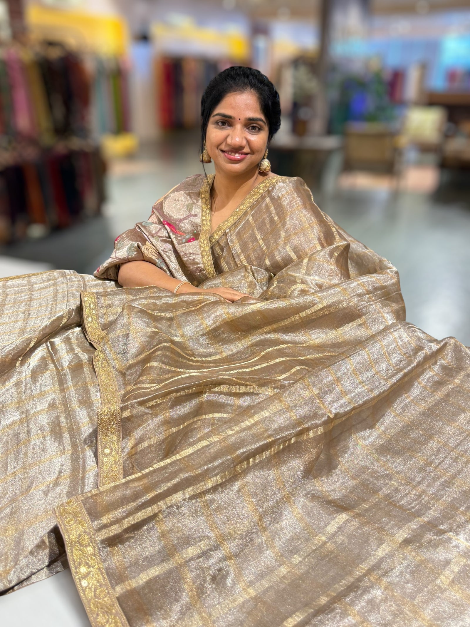 Antique Brown Banarasi Tissue checks Saree with Sabyasachi Borders