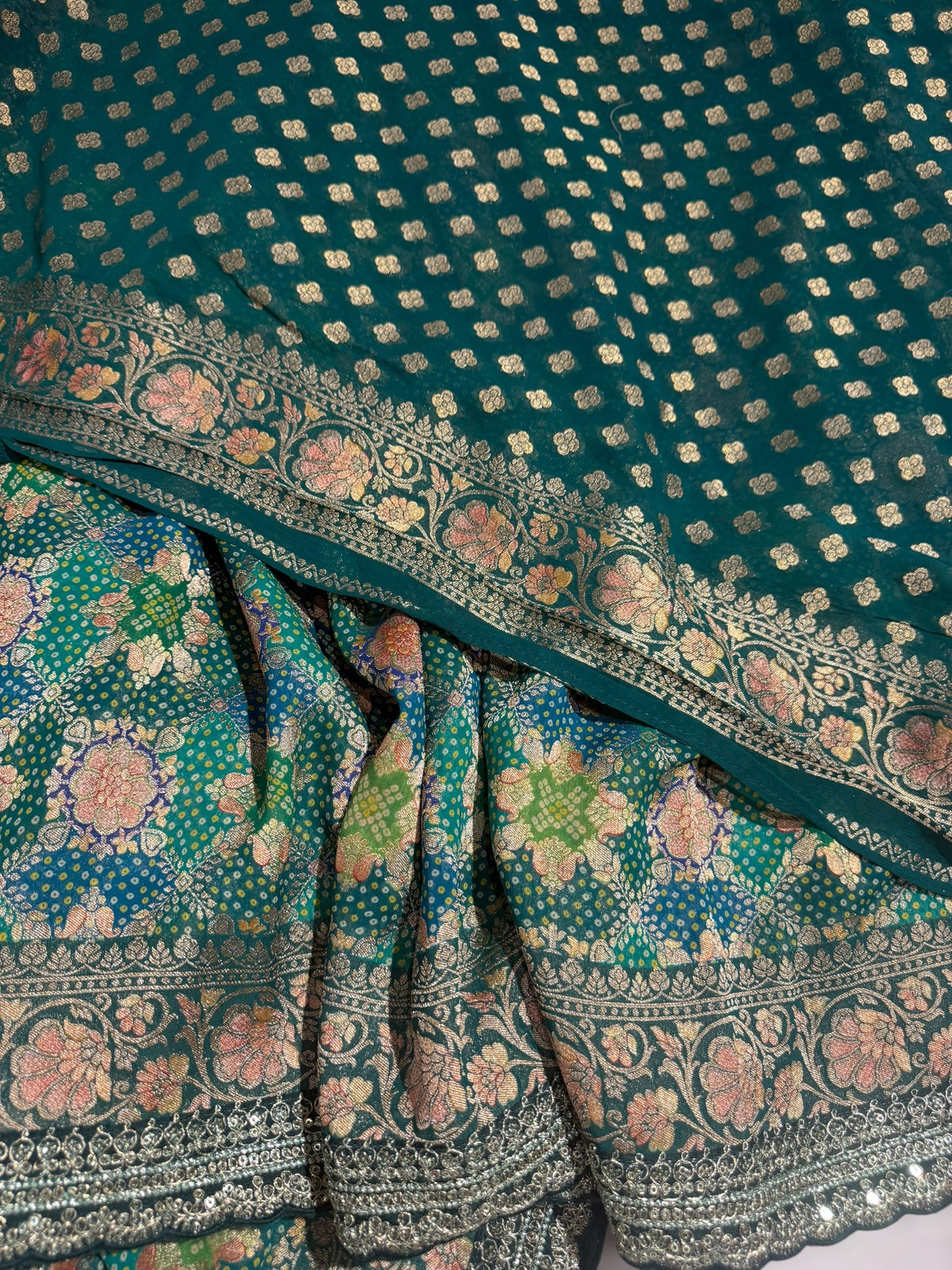 Emerald Green & Blue Banarasi bandhini georgette
