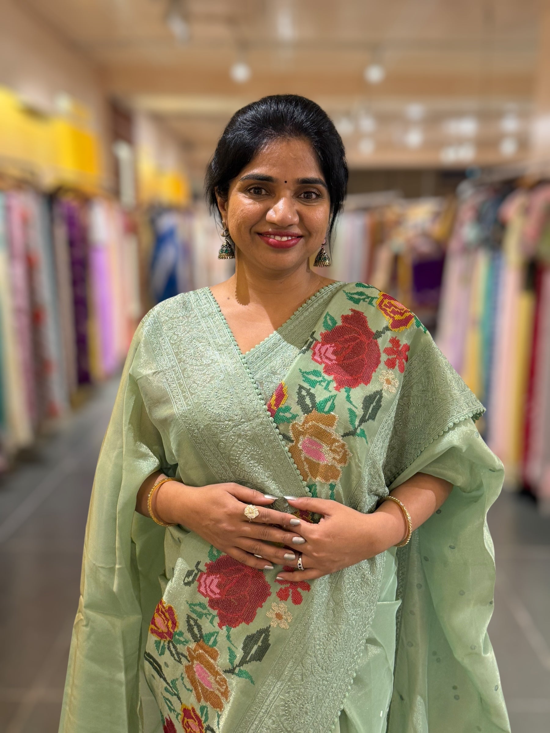 Dhaara : Sage Green Tissue Gorgette Saree