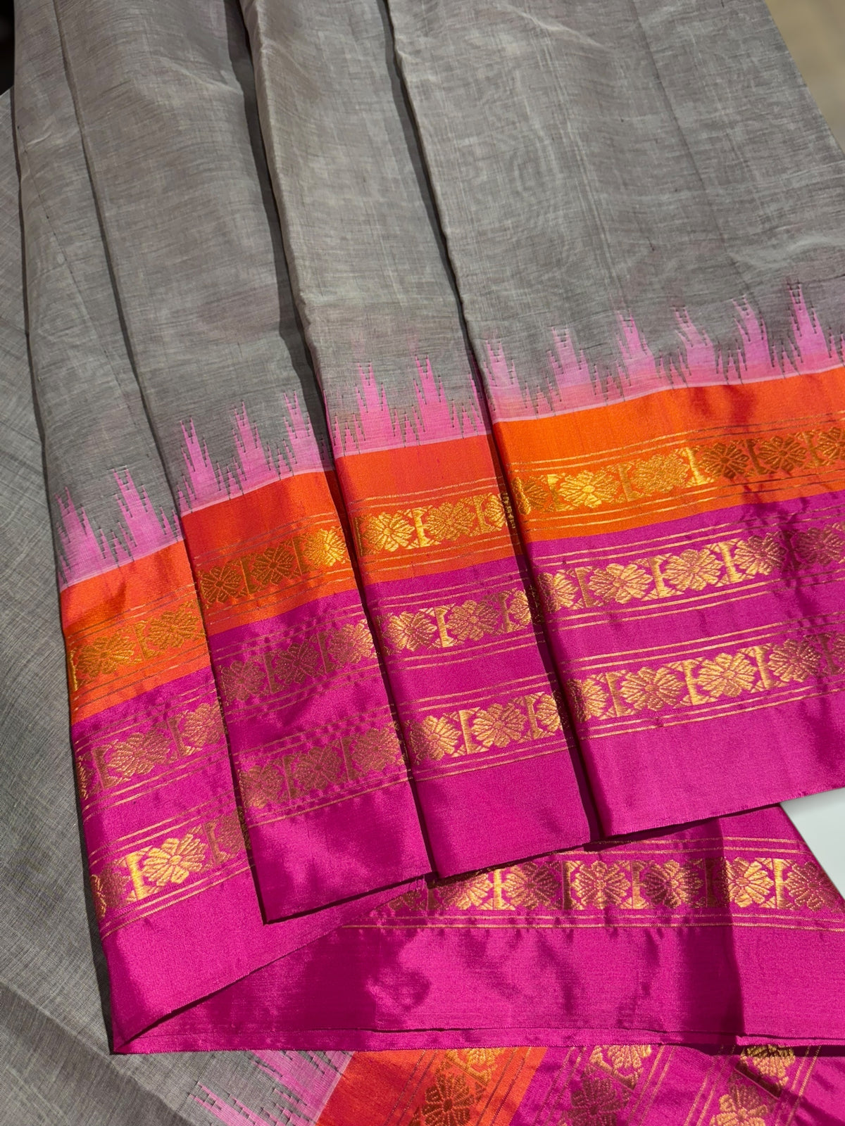 Light Grey  Ponduru Khadi Saree in 80’s Count with Kanchi Style borders
