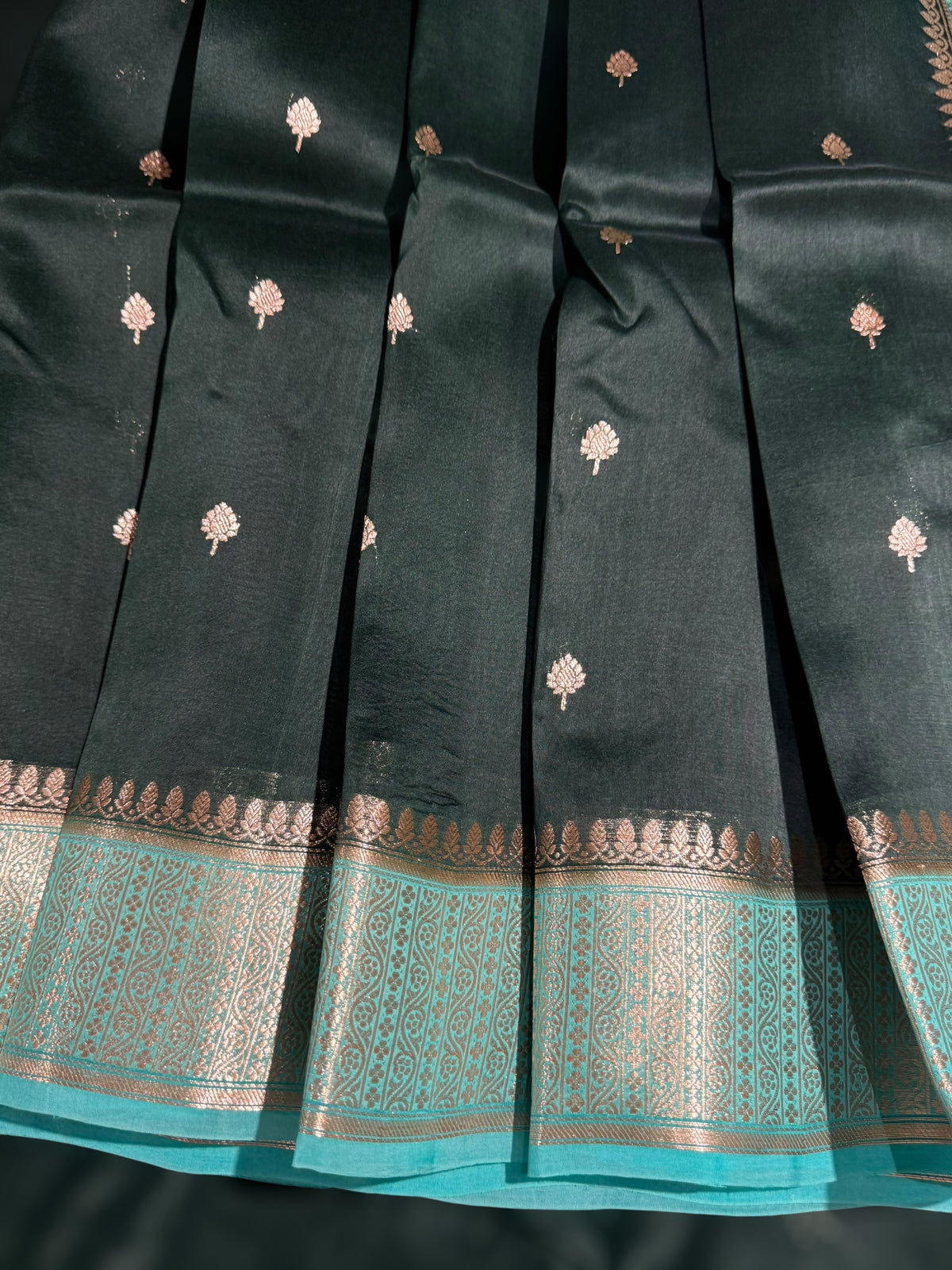 Forest Green & Teal Pure Handloom Kora Banarasi Saree