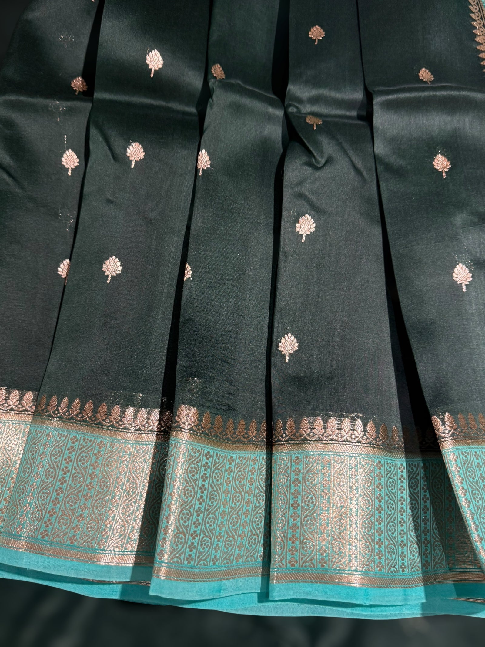 Forest Green & Teal Pure Handloom Kora Banarasi Saree