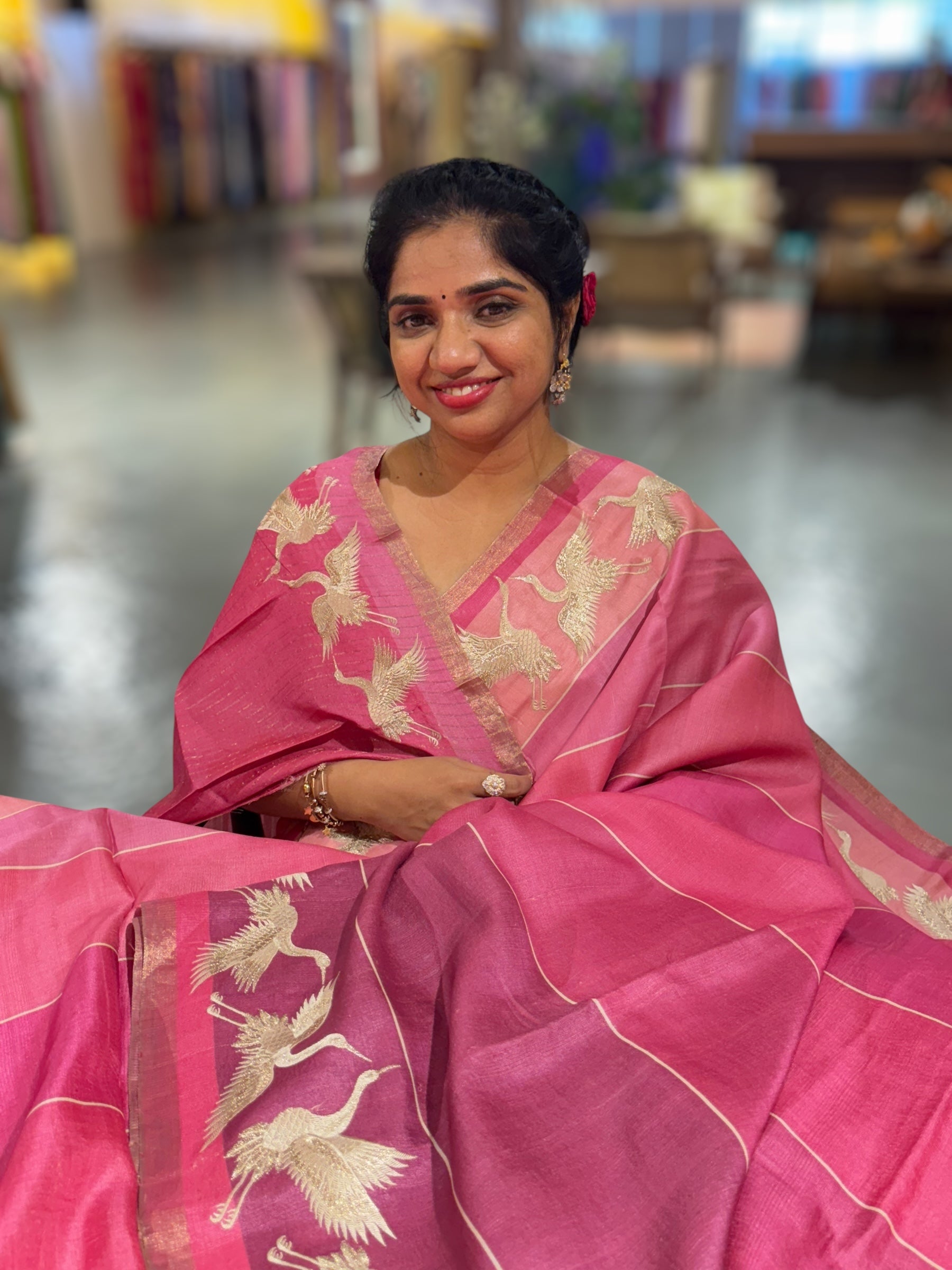 Tussar Rangkaat Saree With Crane Bird  Embroidered Border