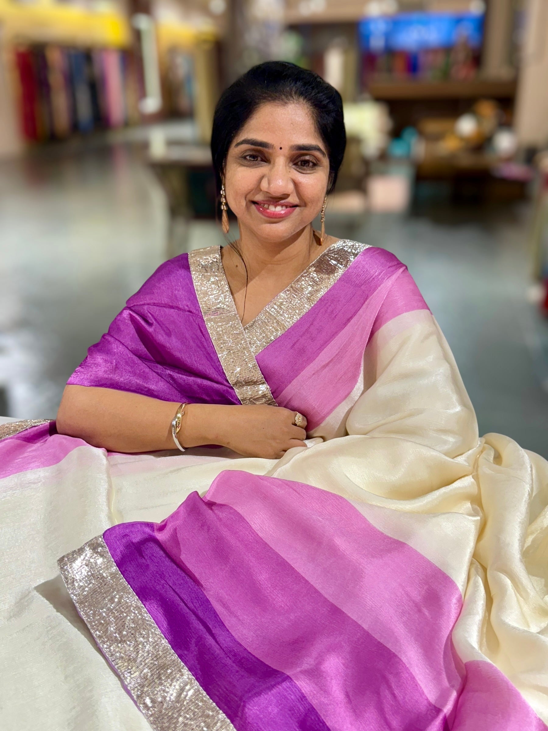 Ivory & Purple Combo Chinnon Crepe Saree with Gotapatti Borders