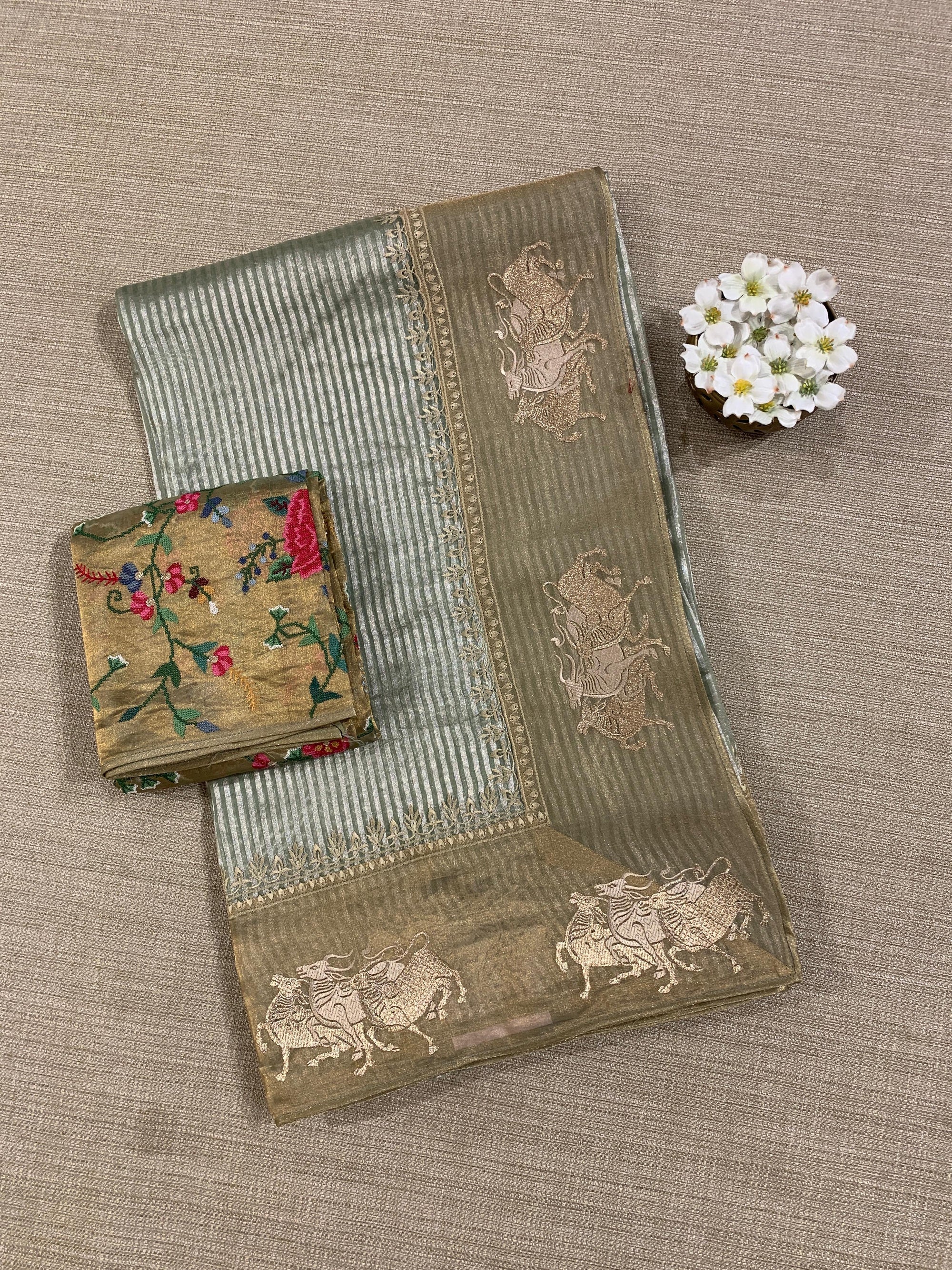 Mint Kora tissue stripes Saree with Nandi embroidered tissue border