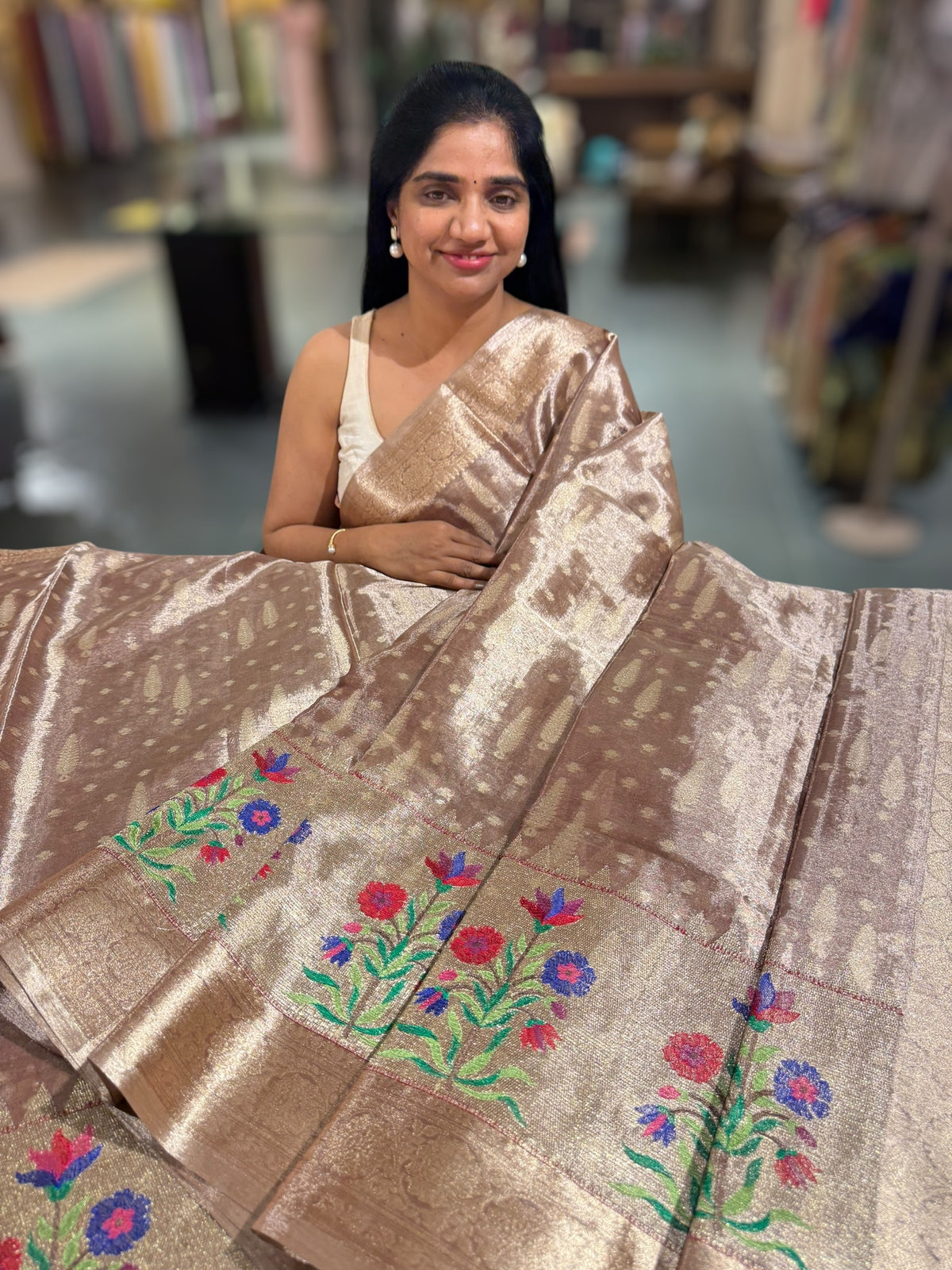 Antique brown banarasi tissue with embroidery