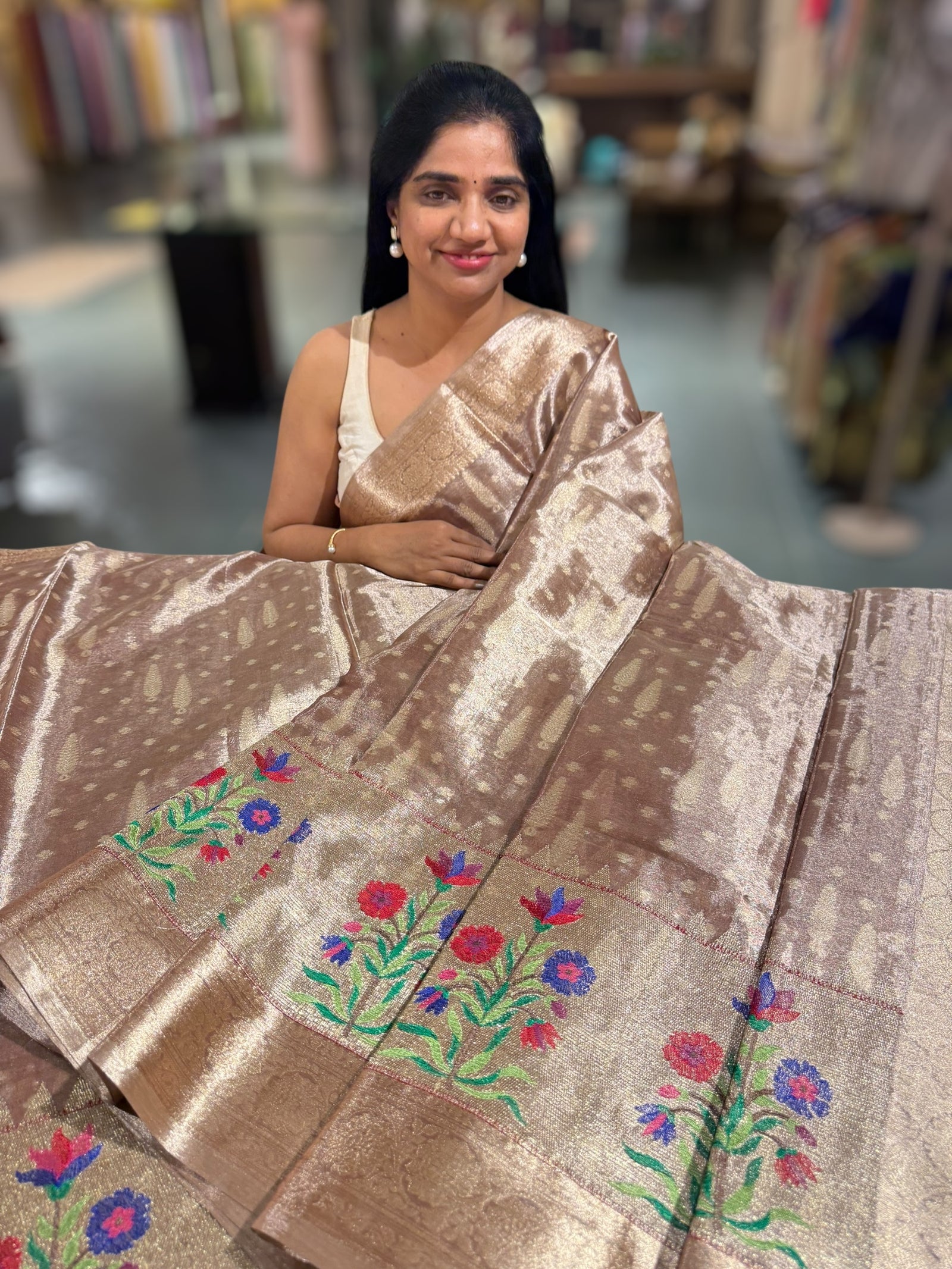 Antique brown banarasi tissue with embroidery