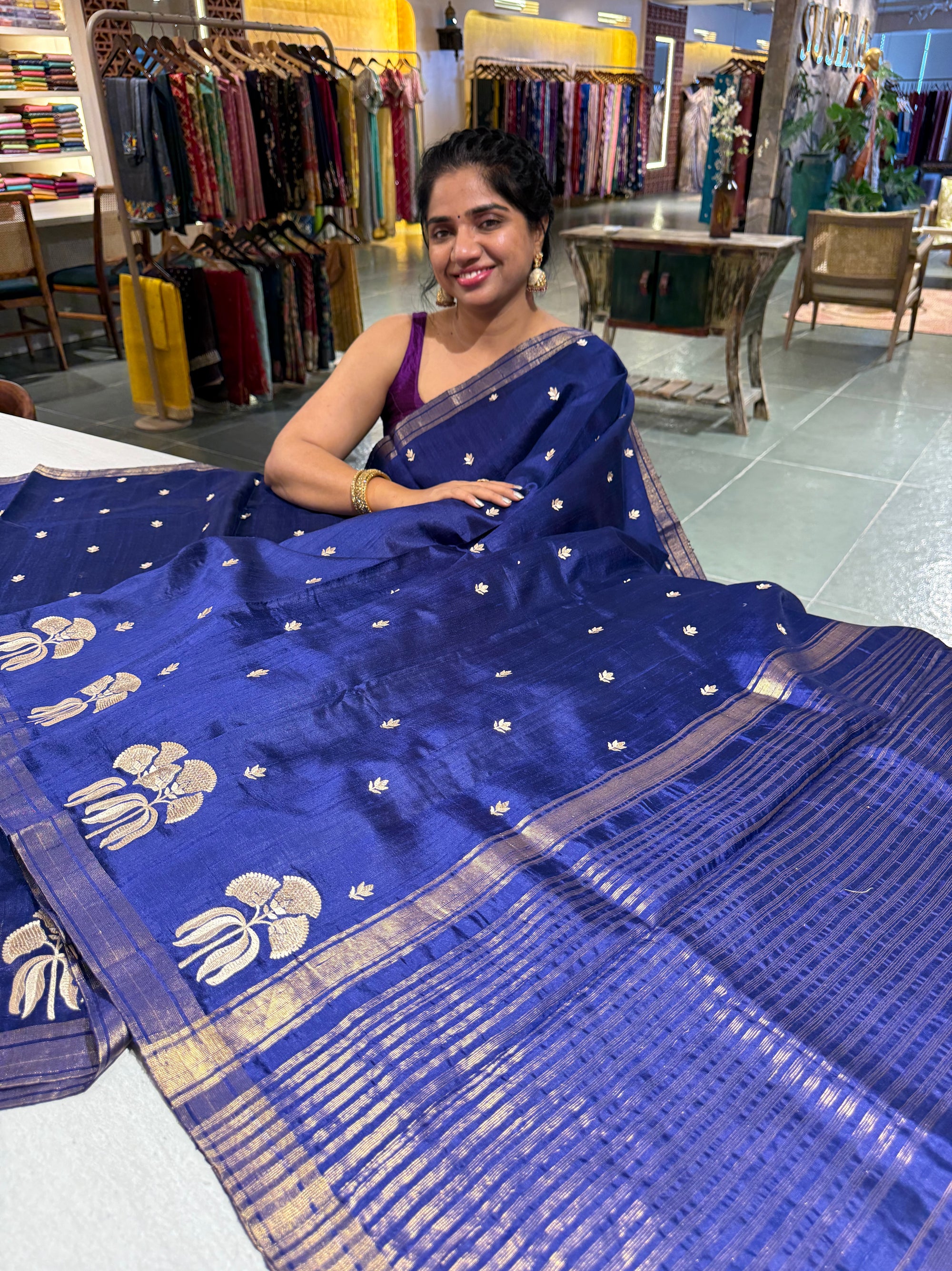 Blue Pure Handloom Raw Silk Saree