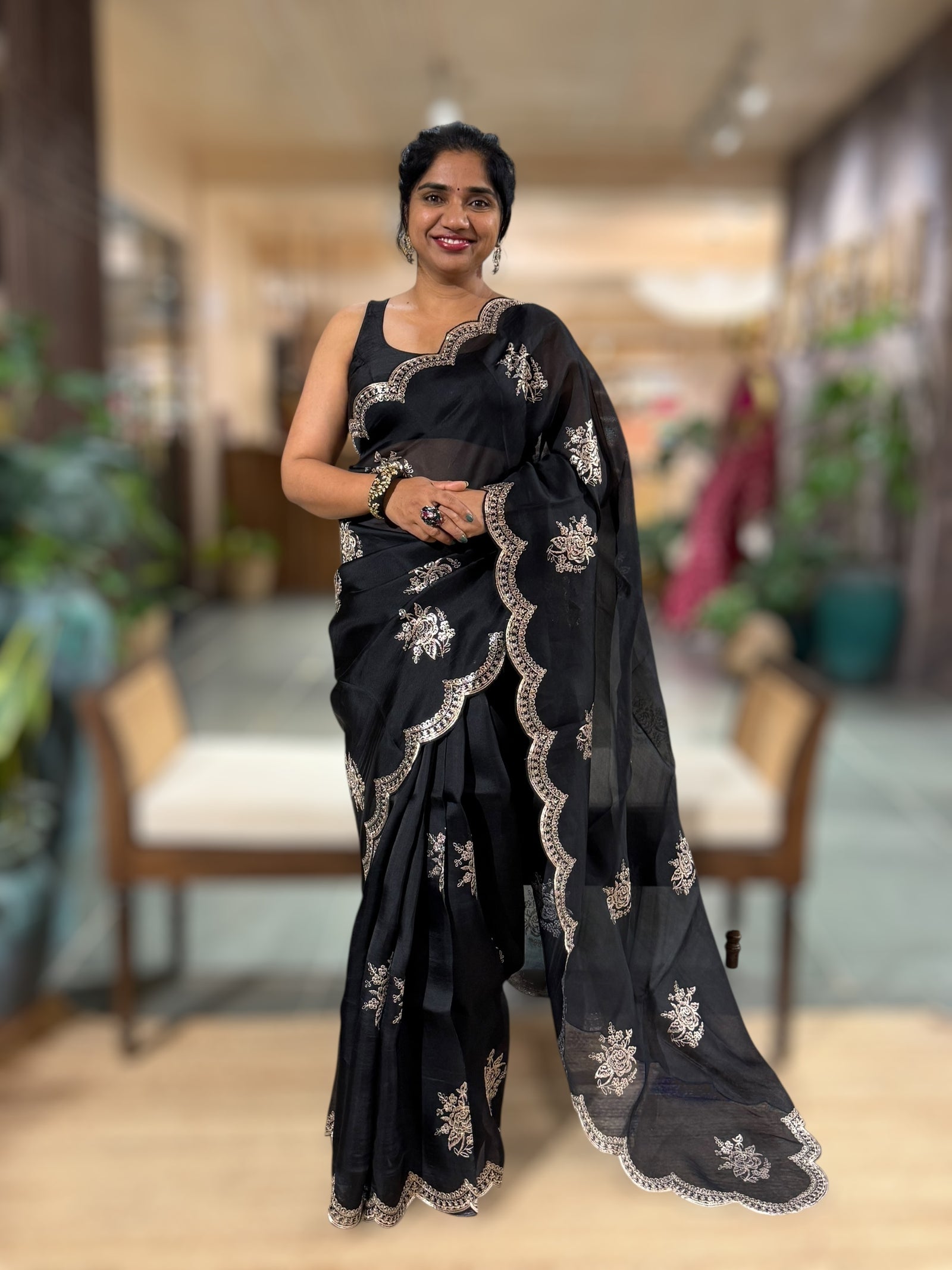 Black Organza Saree With Pita Embroidery