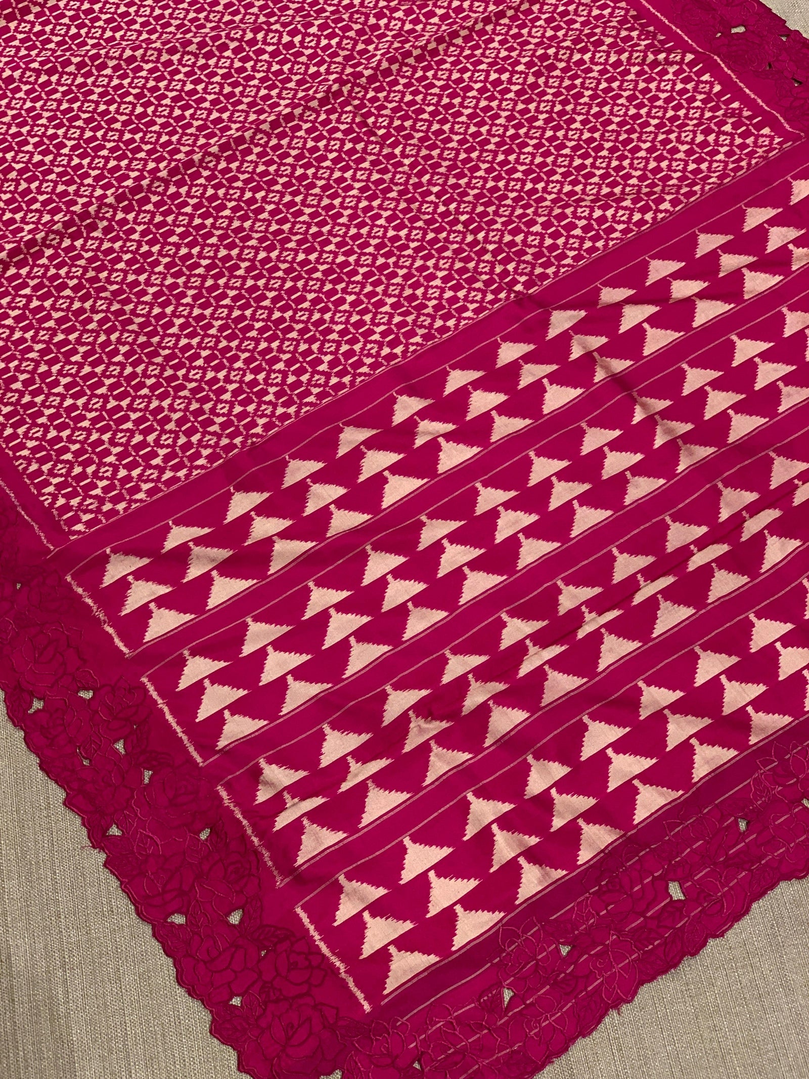 Beetroot Pink Cambodian–inspired Ikkat Silk Saree with cutwork Rose Border