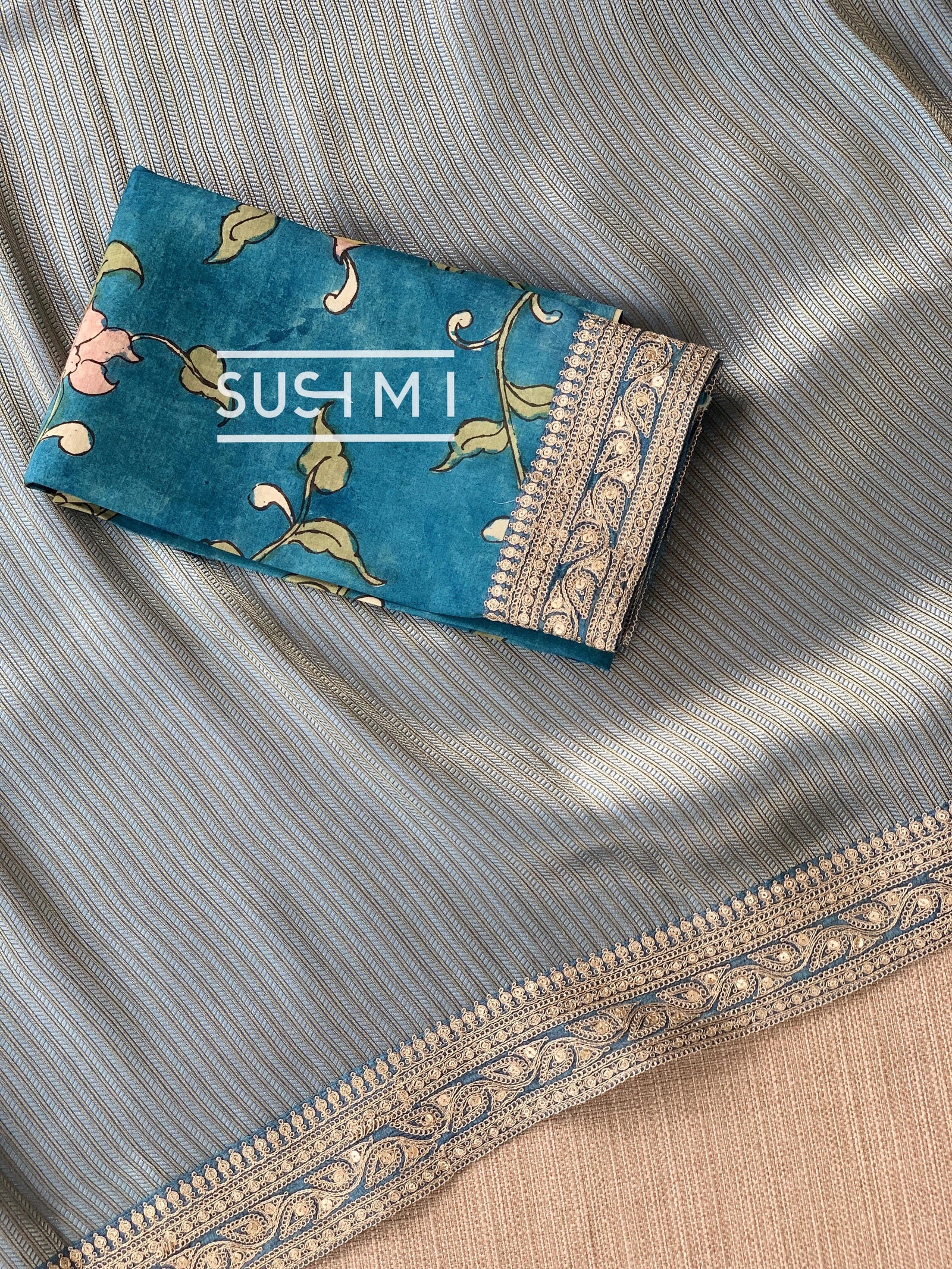 Dusty Blue  Banarasi tonchoi with pen kalamkari Blouse : D62F026