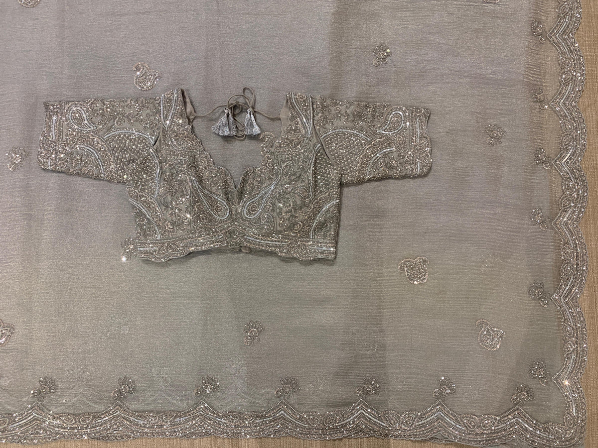 Pastel Bluish silver Crush Tissue handwork Saree