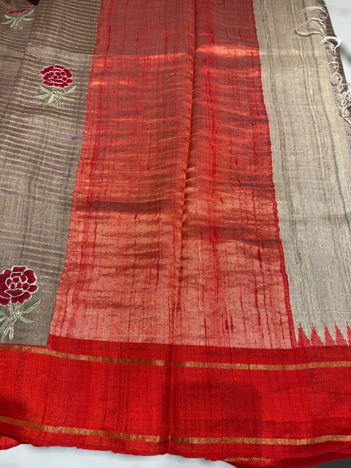 Chickoo Tussar Tissue and Silk fusion Saree with embroidery
