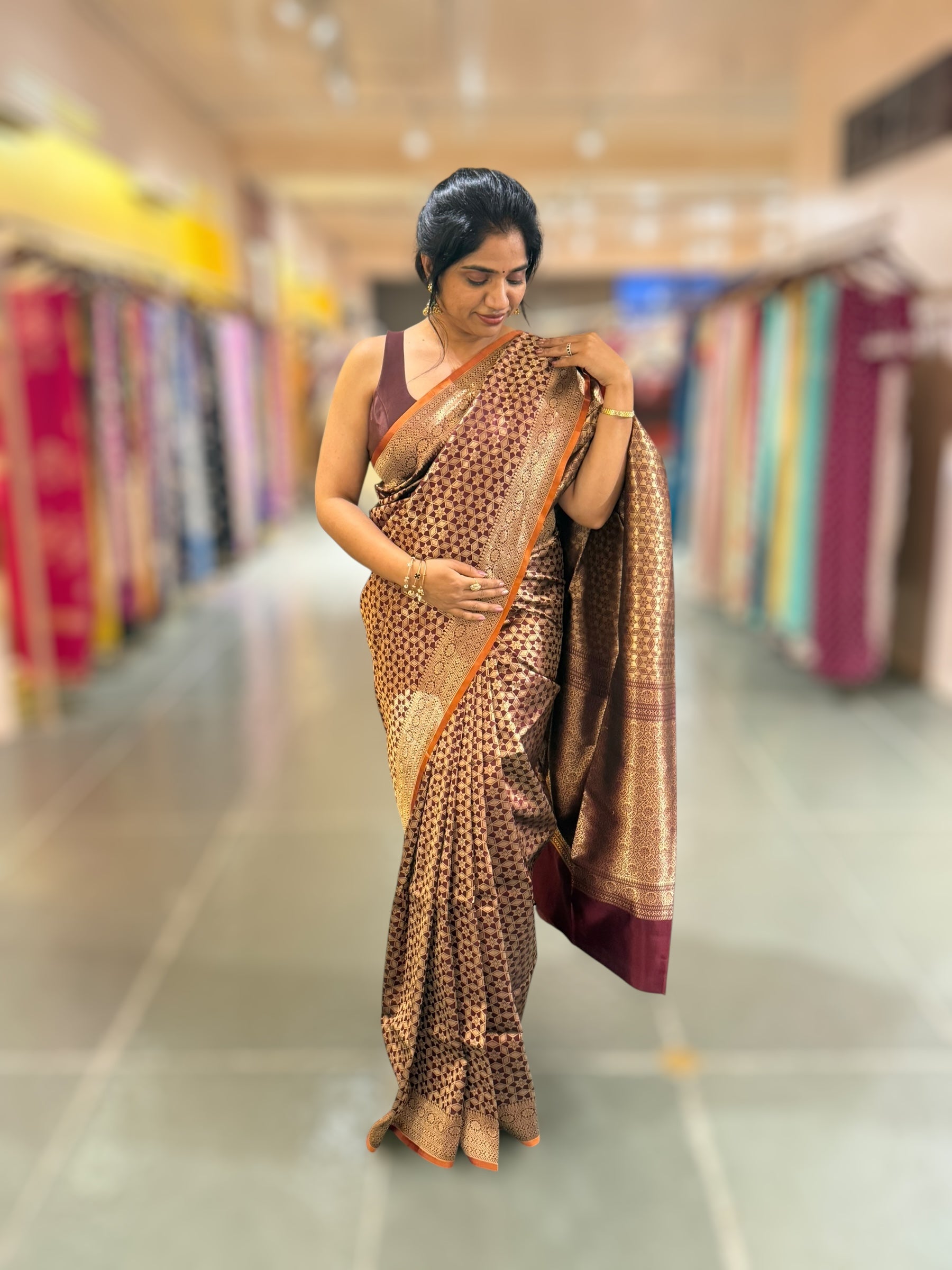 Brown Banarasi Tanchoi Silk Saree